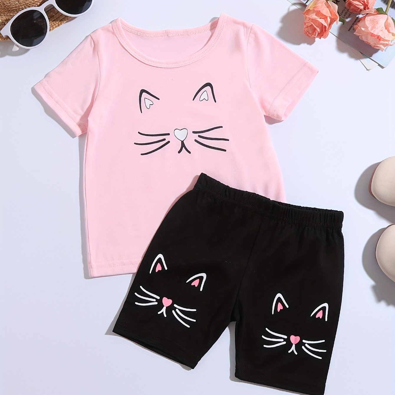 TEMU 's Print 2pcs Casual Summer Outfit, Crew Neck T-shirt & Shorts Set, Toddler & Infant Girl's Outdoor Clothes For /, As Gift