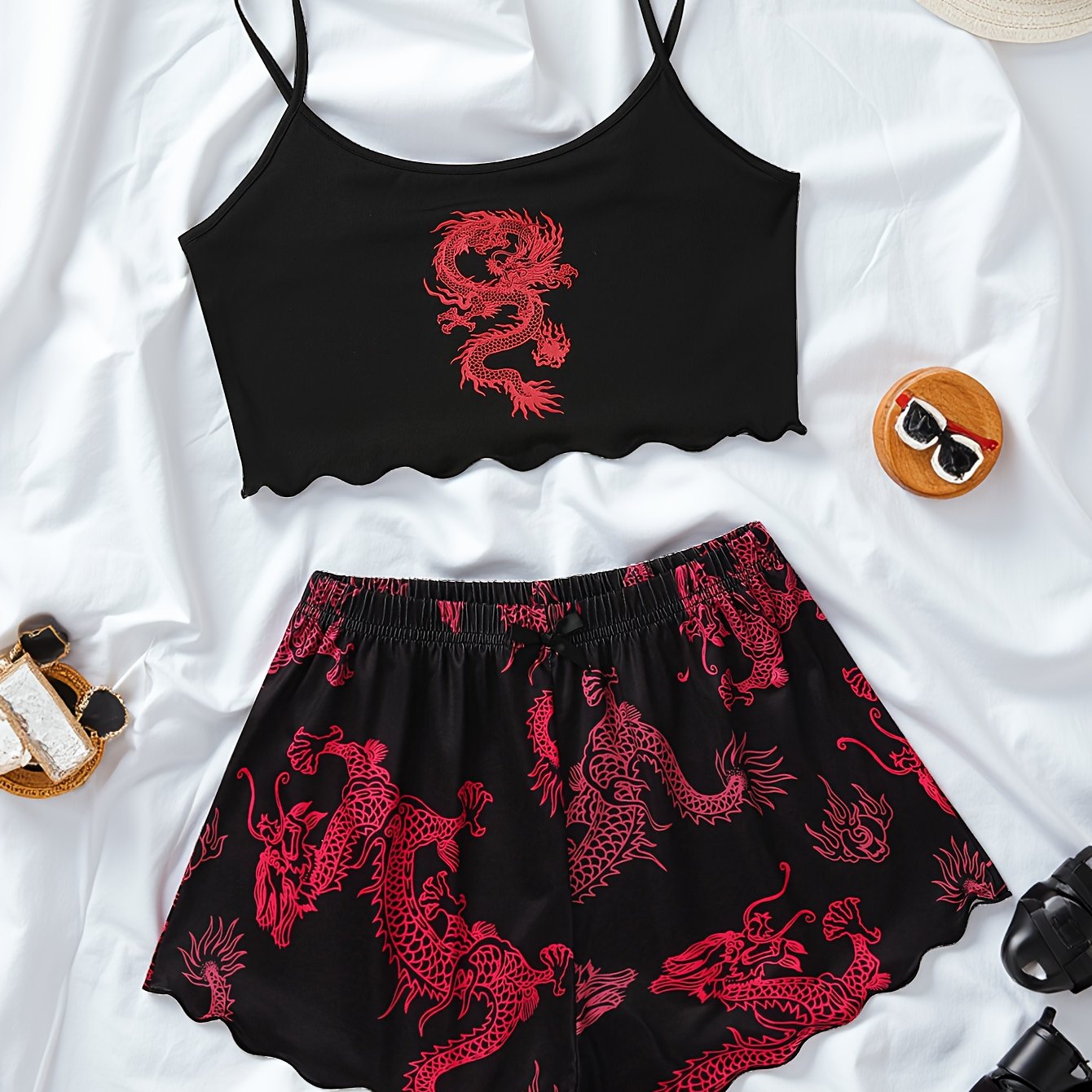 TEMU Ensemble de pyjama sexy avec imprimé | Débardeur à col rond et short, parfait pour adultes, toutes saisons