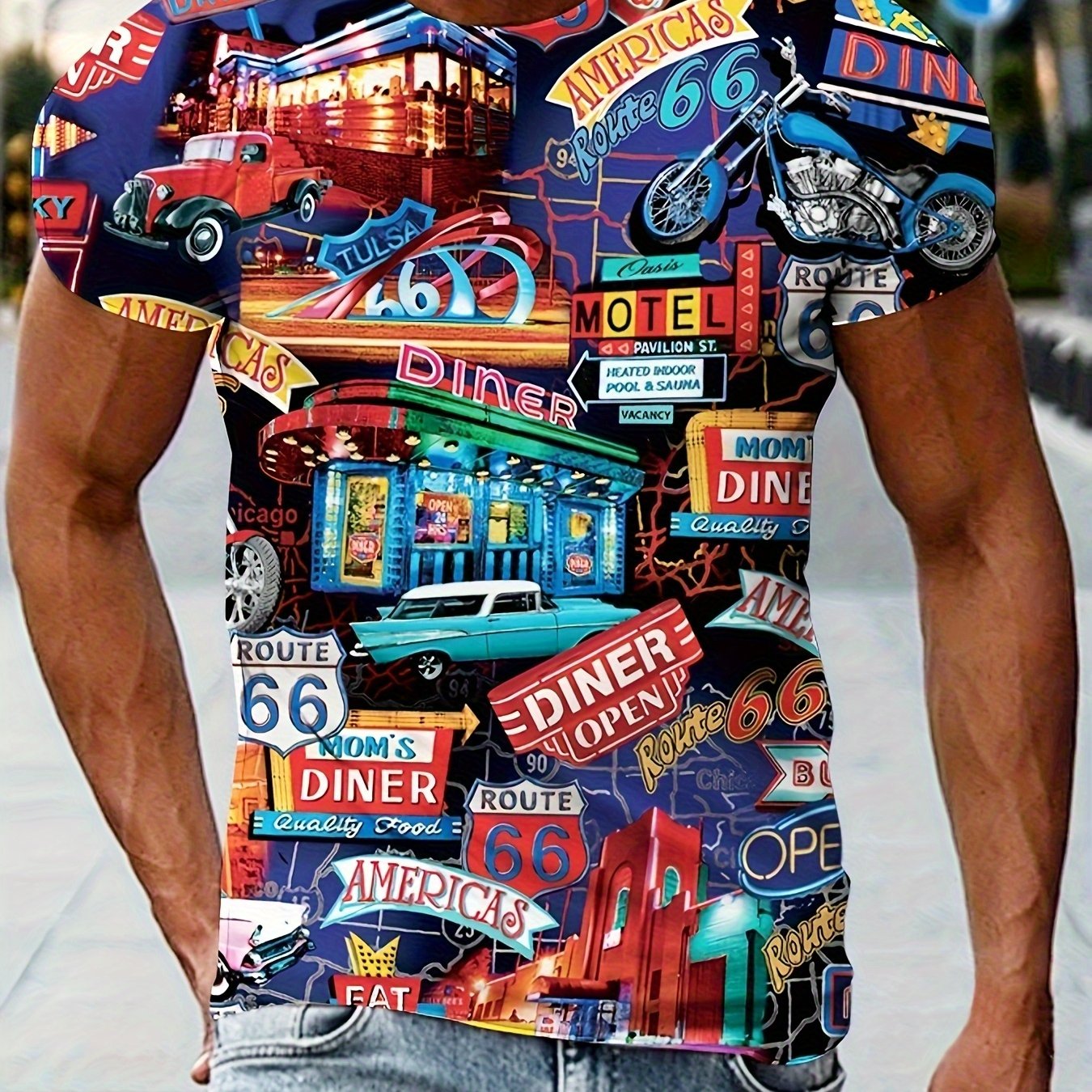 TEMU Retro Car 3d Printed Men's Neck Pattern T-shirt, 3d Printed Summer Casual Wear Streetwear Boyfriend Gift, Plus Size