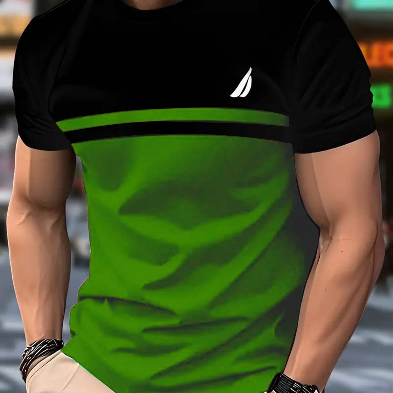 TEMU Camiseta de Manga Corta para Hombre con Bloques de Color Negro y Verde - Cuello , Camiseta Casual con Diseño de Rayas, Tejido y Versátil para