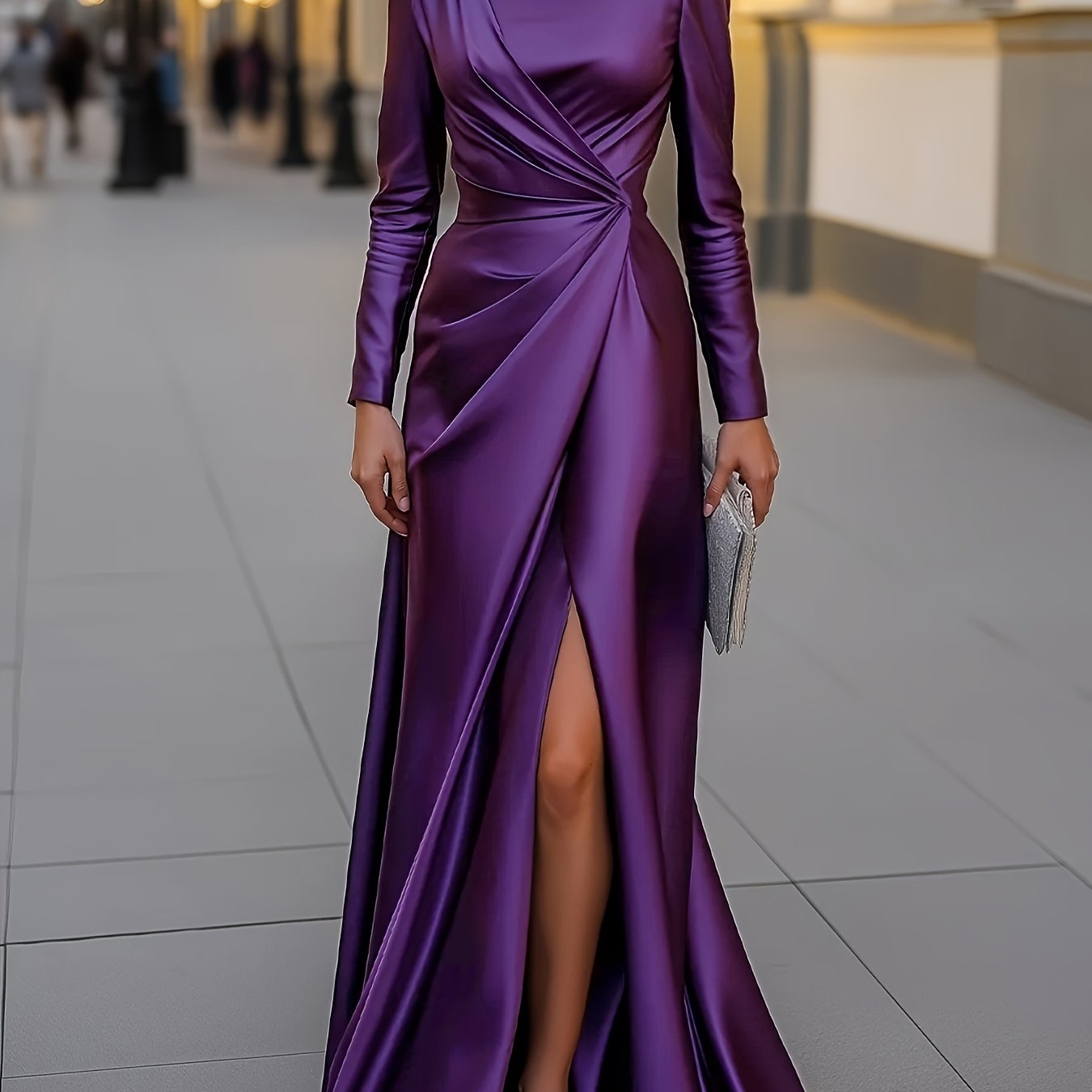 E-shop Elegantes Damenkleid aus Satin, asymmetrisch geschnitten mit Schlitz und Falten, geeignet für Dinnerpartys, rote Teppich-Events oder formelle