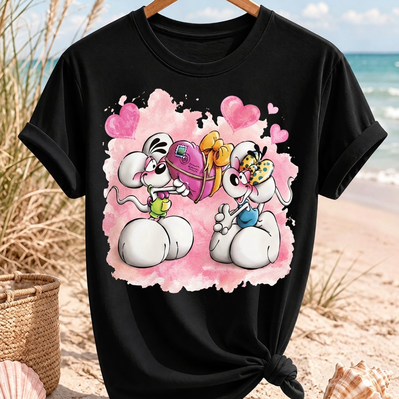 Image of Cute Cartoon Mice T-shirt With , , And Watercolor Background, Romantic Friendship Character Graphic Unisex All T-shirt
