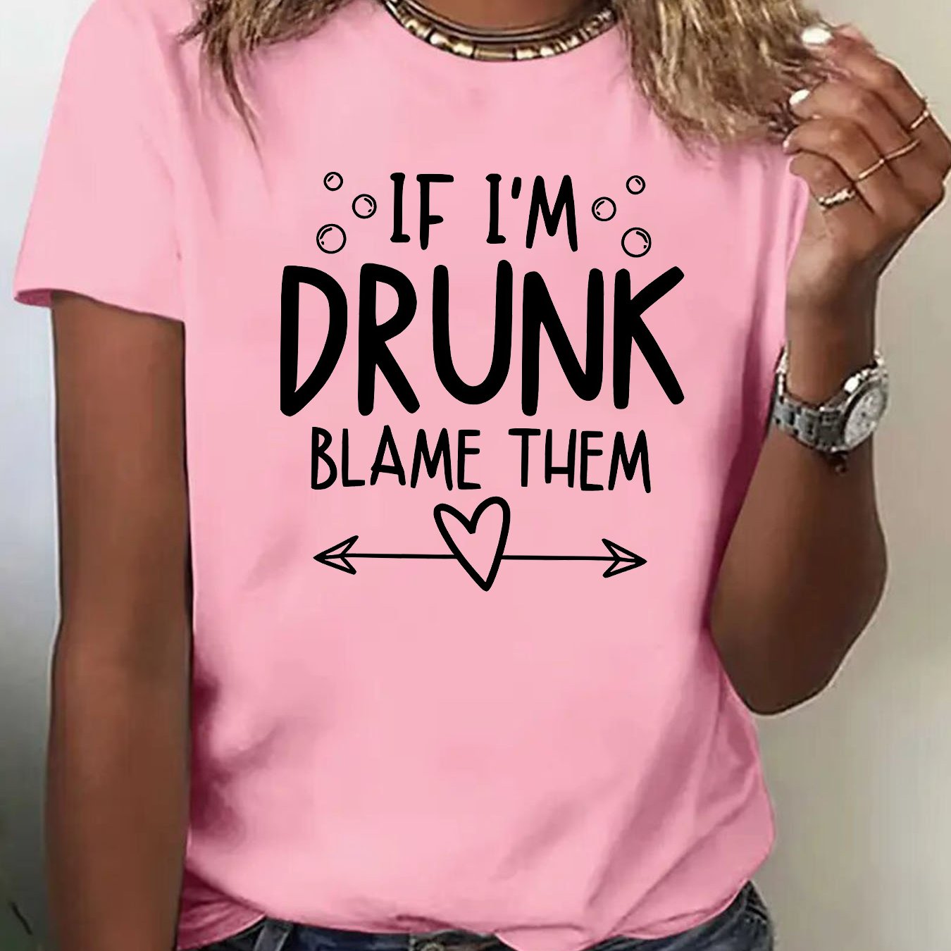 TEMU Women's Summer Crew Neck T-shirt, "if I'm Drunk Them" Funny Party Slogan Graphic Tee, Casual Short Sleeve Top With Humorous Print For Night Out