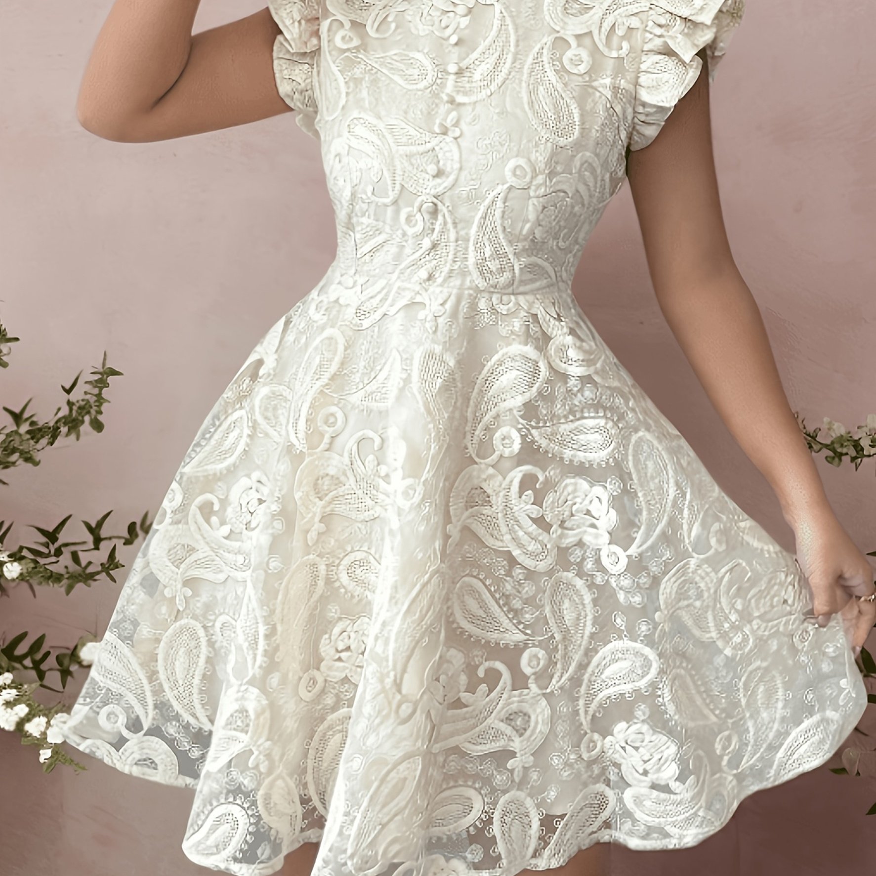 TEMU Ladies' Elegant Stand Collar Lace Covered Sleeve A-line Mini Bridesmaid Dress Women's Fashion