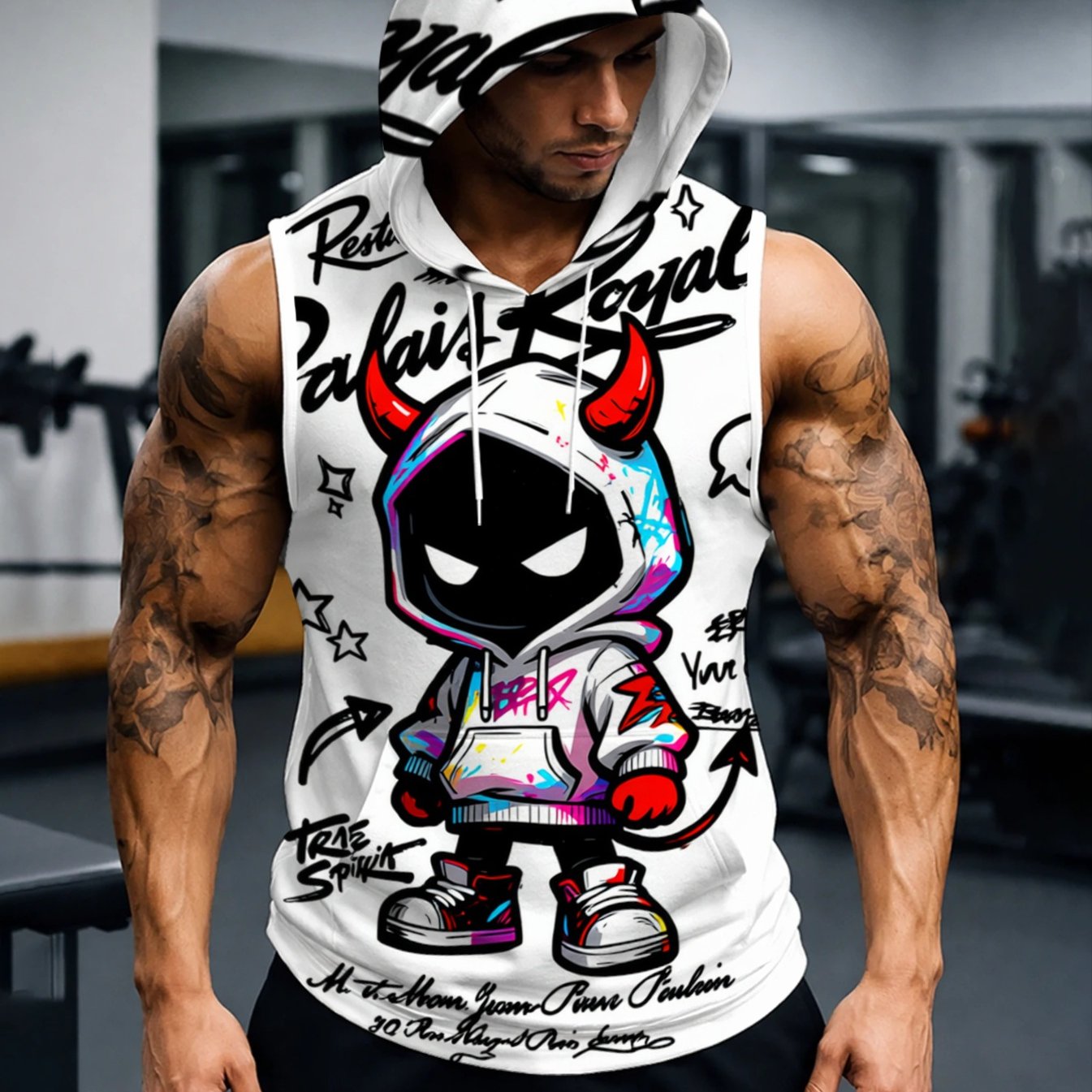 TEMU Men's Sleeveless Hooded Sports Vest With Stylish Cartoon Pattern Style Breathable Comfortable For Daily Fitness Training Versatile Top