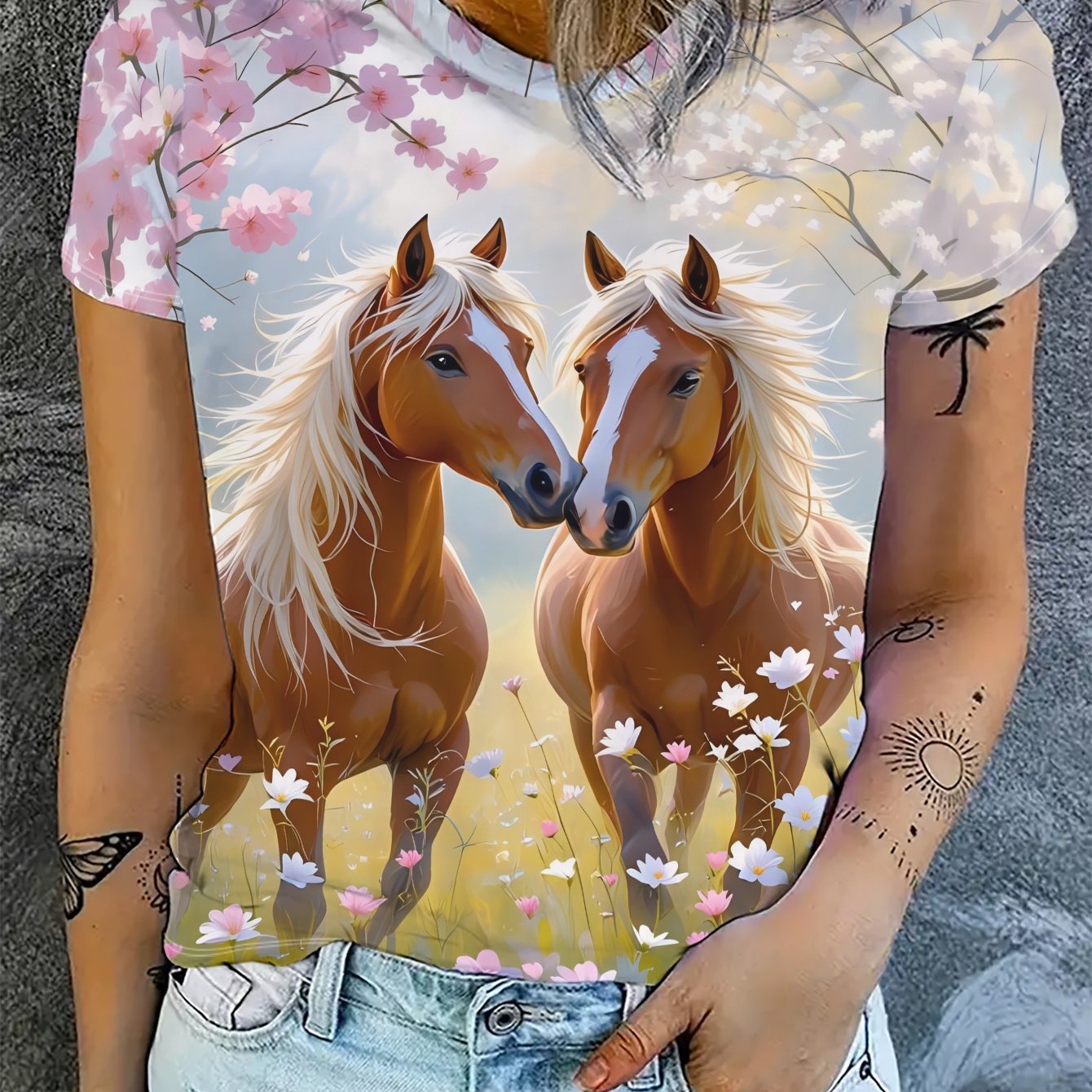 TEMU T-shirt d'été à manches courtes pour femmes avec un motif floral de double cerisier de cheval, en fibre, coupe régulière décontractée, style