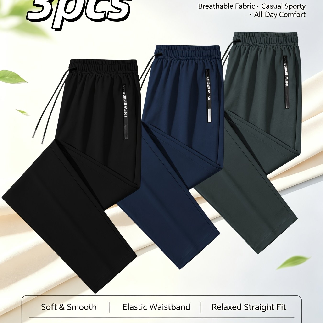 TEMU 3pcs Men's Spring/autumn Casual Sports Fitness Running Straight Trousers, Fresh Thin Breathable Fabric, -friendly Material, Elastic Waist