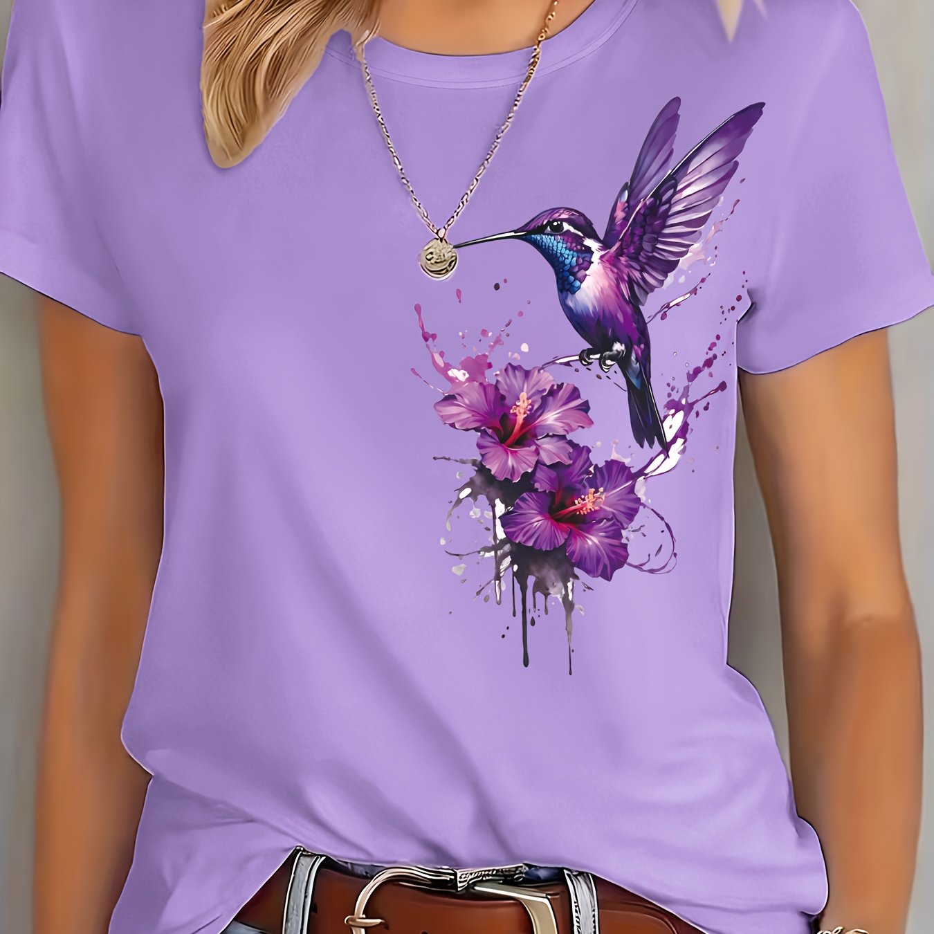 TEMU T-shirt Femme Aquarelle et Imprimé Floral, T-shirt Décontracté Coupe Manches Courtes Col Rond, Haut Polyvalent pour , les Vacances et les