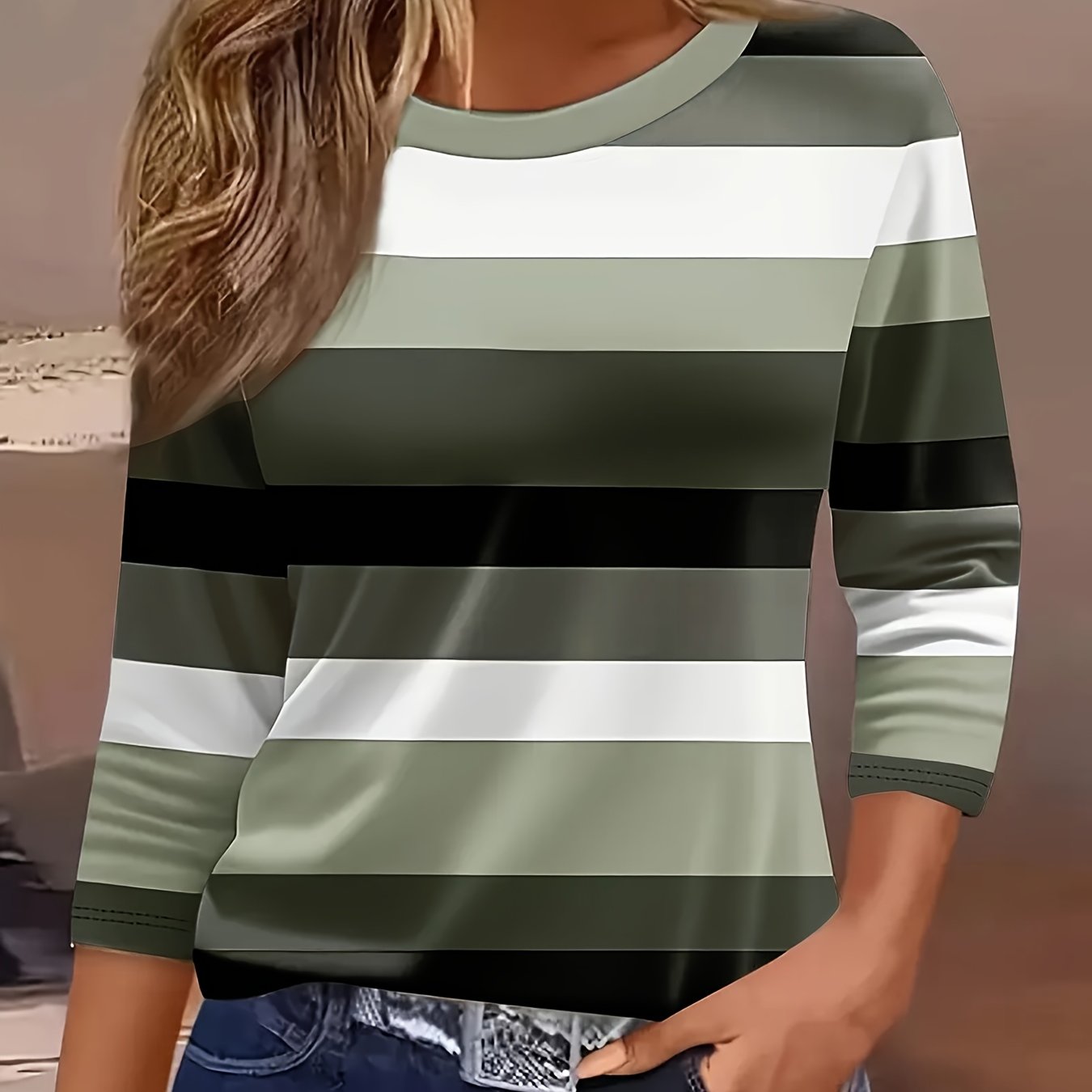 E-shop Damen-Mode Neue Frühjahr/Sommer-Kollektion, Gestreiftes Color-Block-Print-Basic-T-Shirt mit Rundhalsausschnitt, Dreiviertelärmeln lockerer