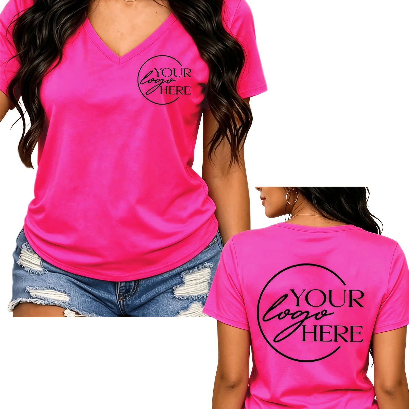 TEMU Custom Printed V-neck Short-sleeve Women's T-shirt, Suitable For Daily Casual Wear, A Versatile And Fashionable Style, With Custom Printing On