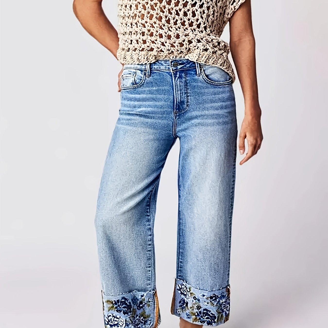 Image of Women's Plus-size High-waisted Wide-leg Jeans - Vintage Washed Pants With Beltless & Ankle Prints, Stretch -line Trousers Suitable For Casual Attire, Machine Washable Loose Fit For Mature Women ()