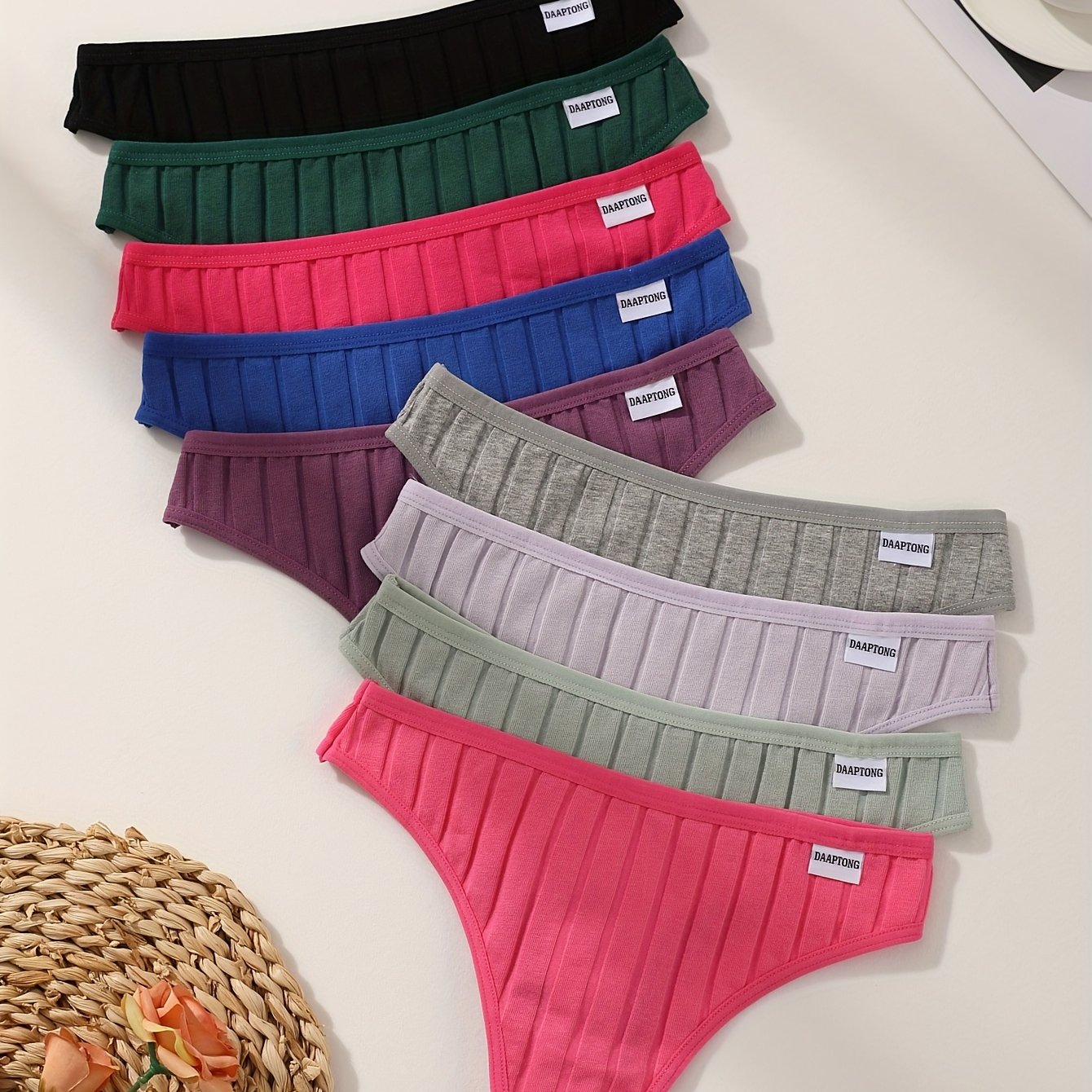 Image of 9pcs Set Of Ribbed Thongs For Women, Featuring Sexy G-string Panties In Solid Colors With A Low Waist And Soft Fabric
