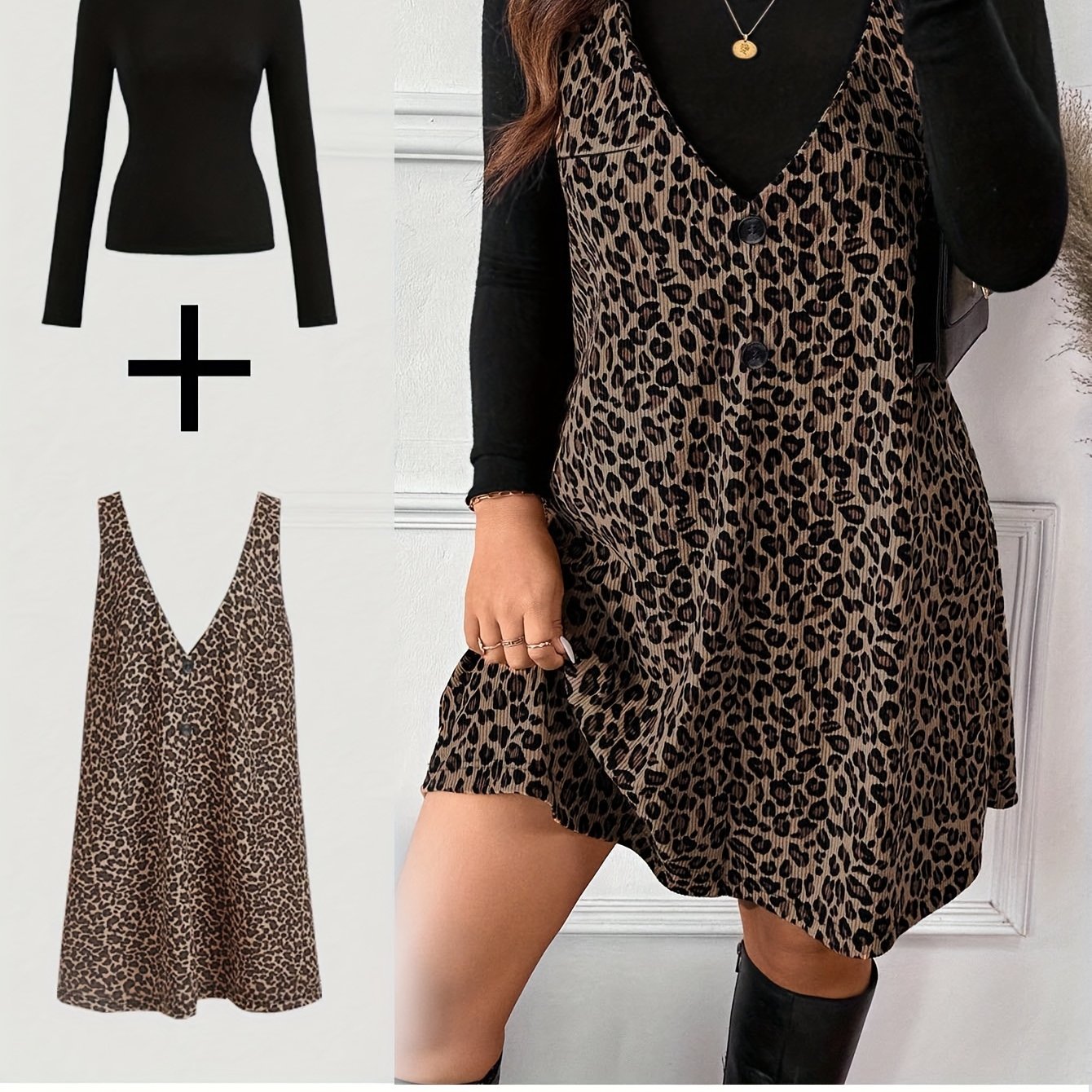 2pcs Women's Corduroy Leopard Print V-neck Dress With Solid Color High-neck Fashion Slim-fit Long Sleeve Top, Elegant Autumn And Winter Outfit