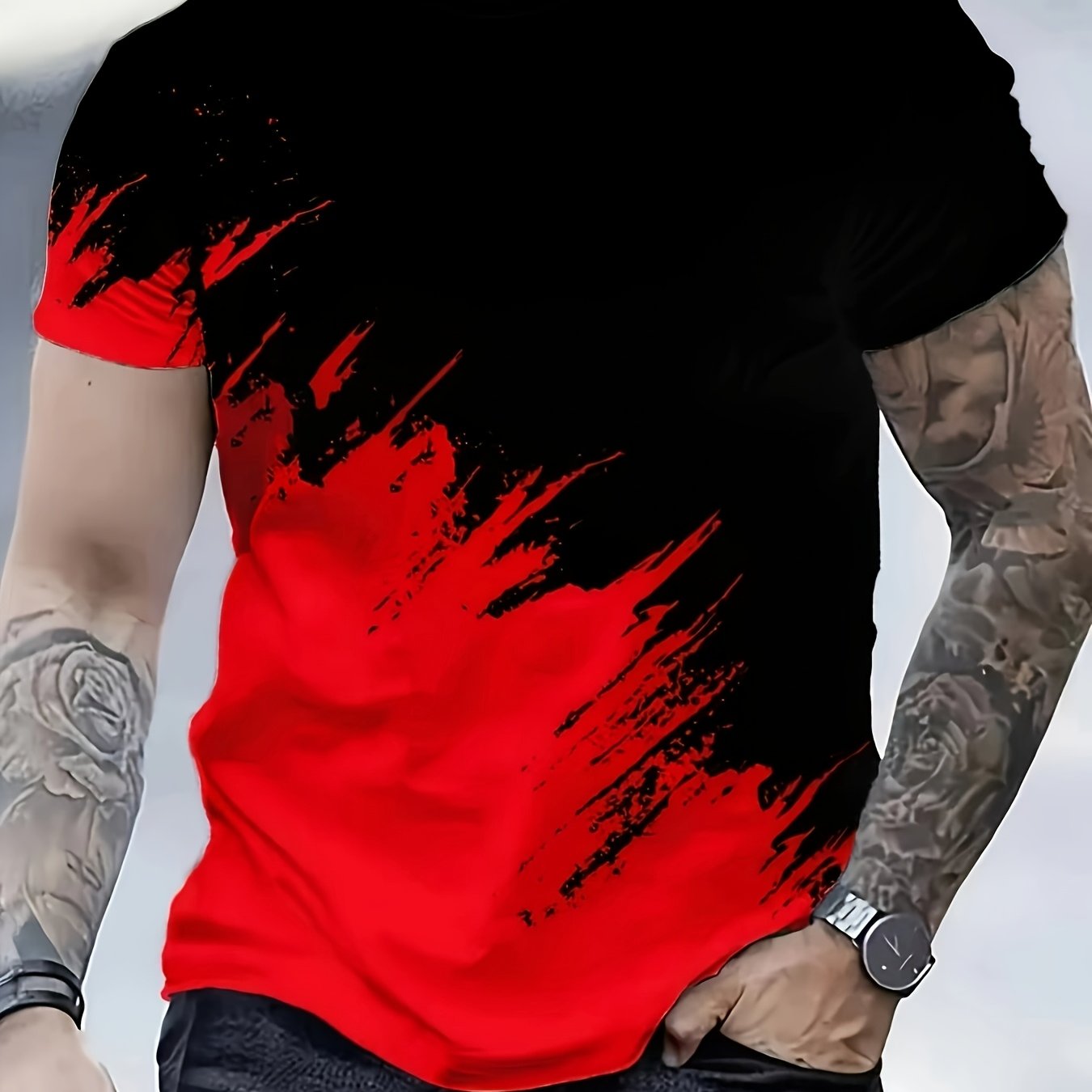 TEMU Men's Casual T-shirt - With Red Gray Design, Breathable Summer Crew Neck Top, Machine Washable, Close-fitting Style, Comfortable For Everyday
