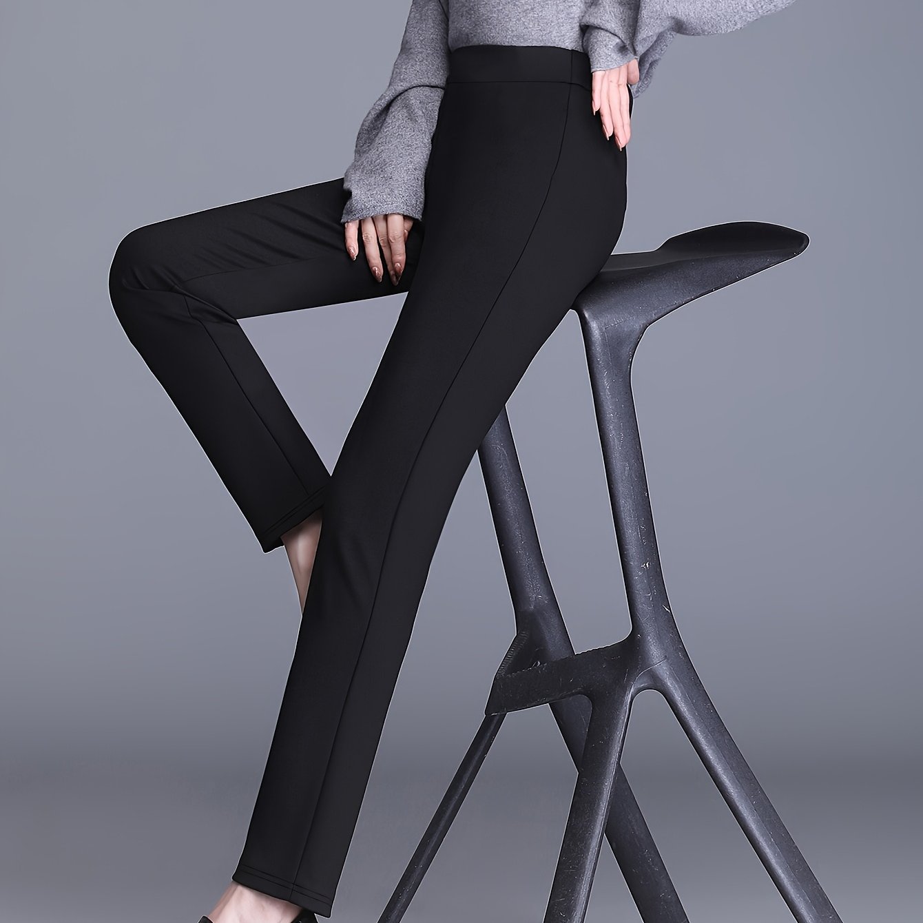 Plus Size Elastic Straight-leg Pants | Elegant Solid Color, Medium Stretch Fabric, Wear