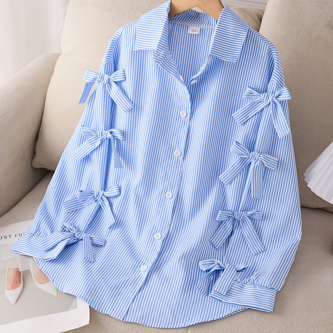 Autumn/winter Girls' Fashionable Casual Versatile Vertical Stripe Bow Long-sleeve Shirt Top