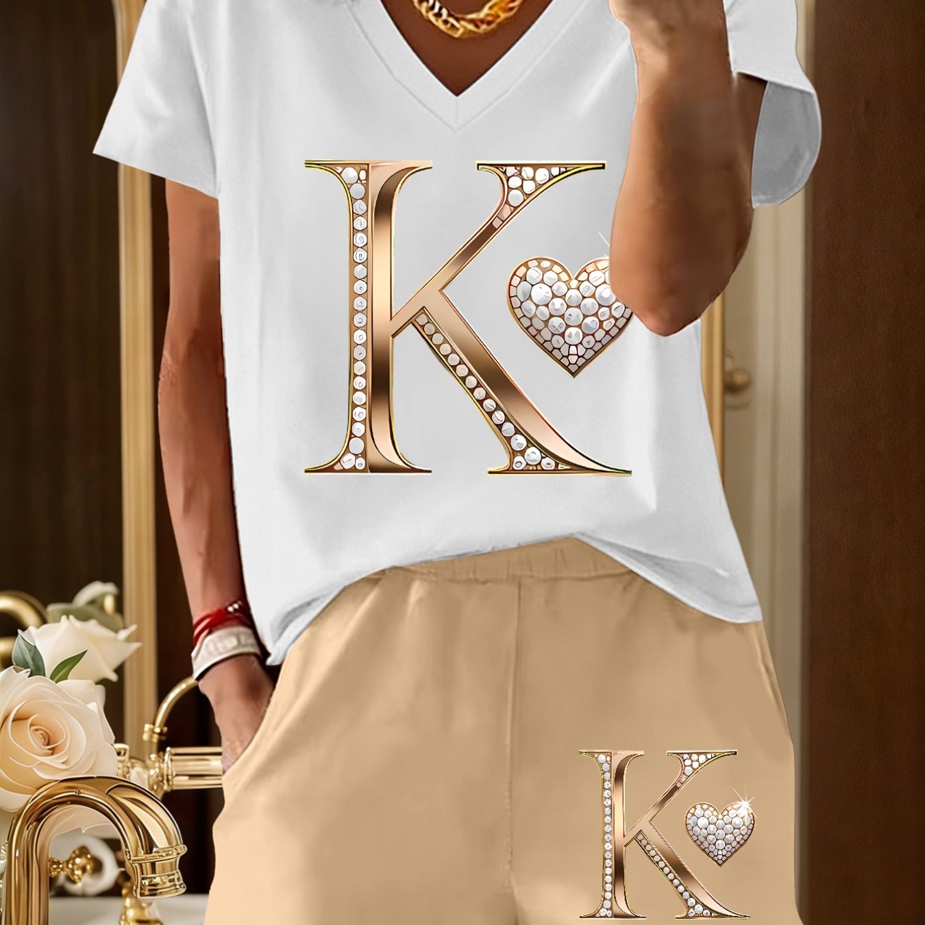 TEMU 2pcs Embellished V-neck Short Sleeve Top And Matching Shorts Set, Simple And Stylish Design Showcasing Elegant Temperament, New Summer Y2k Style