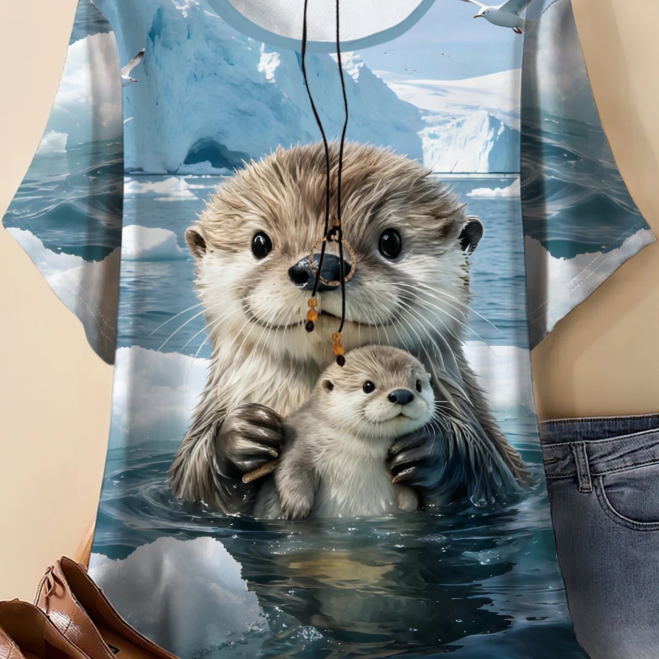 TEMU Plus Size, Plus-size Women's Short-sleeve Blouse Top Suitable For Summer - Stretch Round Neck Shirt With Otter & Print, Machine Washable Opaque