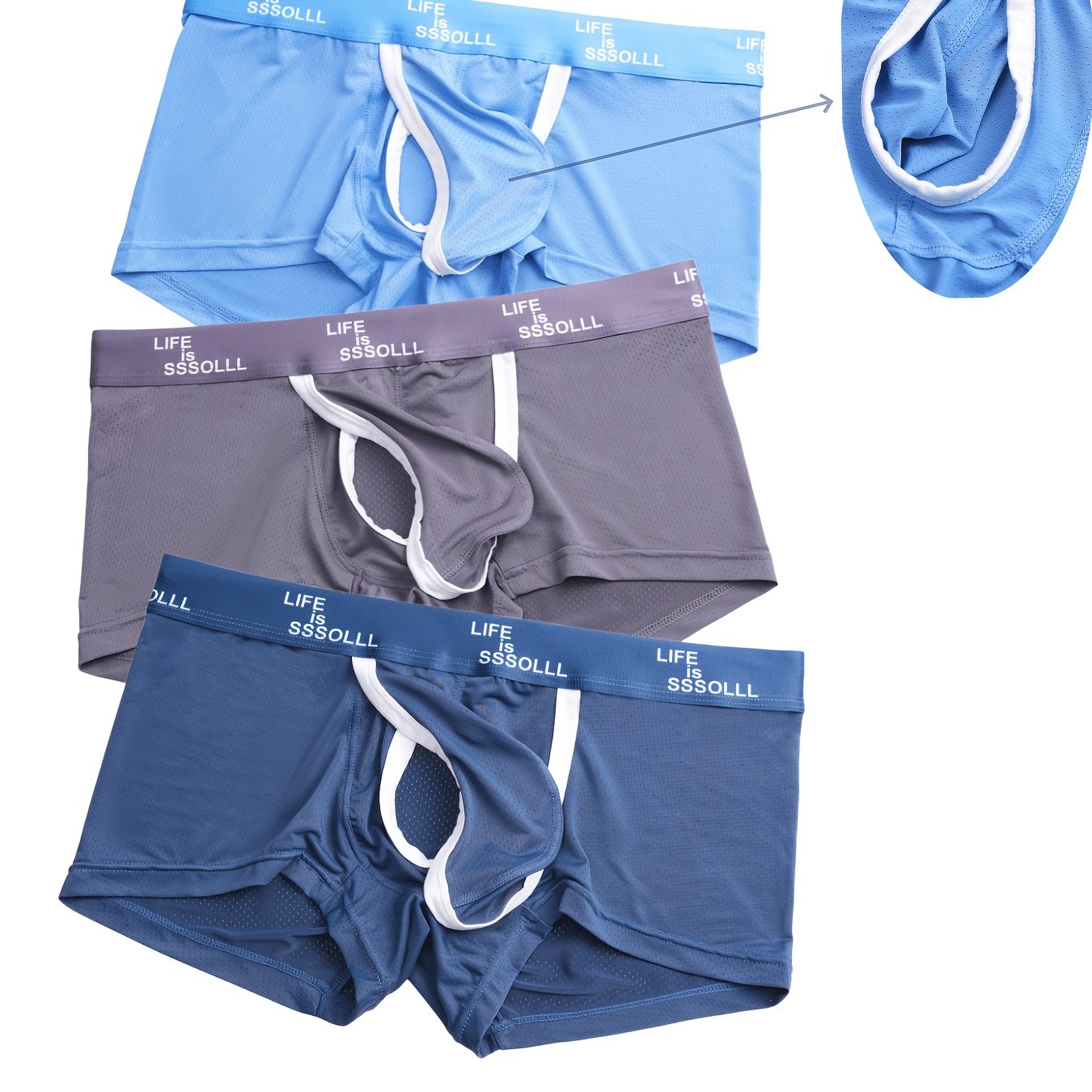 TEMU 3pcs Men's Boxer Briefs, Mesh Fabric, Breathable, Comfortable, Soft, And Skin-friendly, High-stretch Plus Size, Solid Color, Letter Waistband,