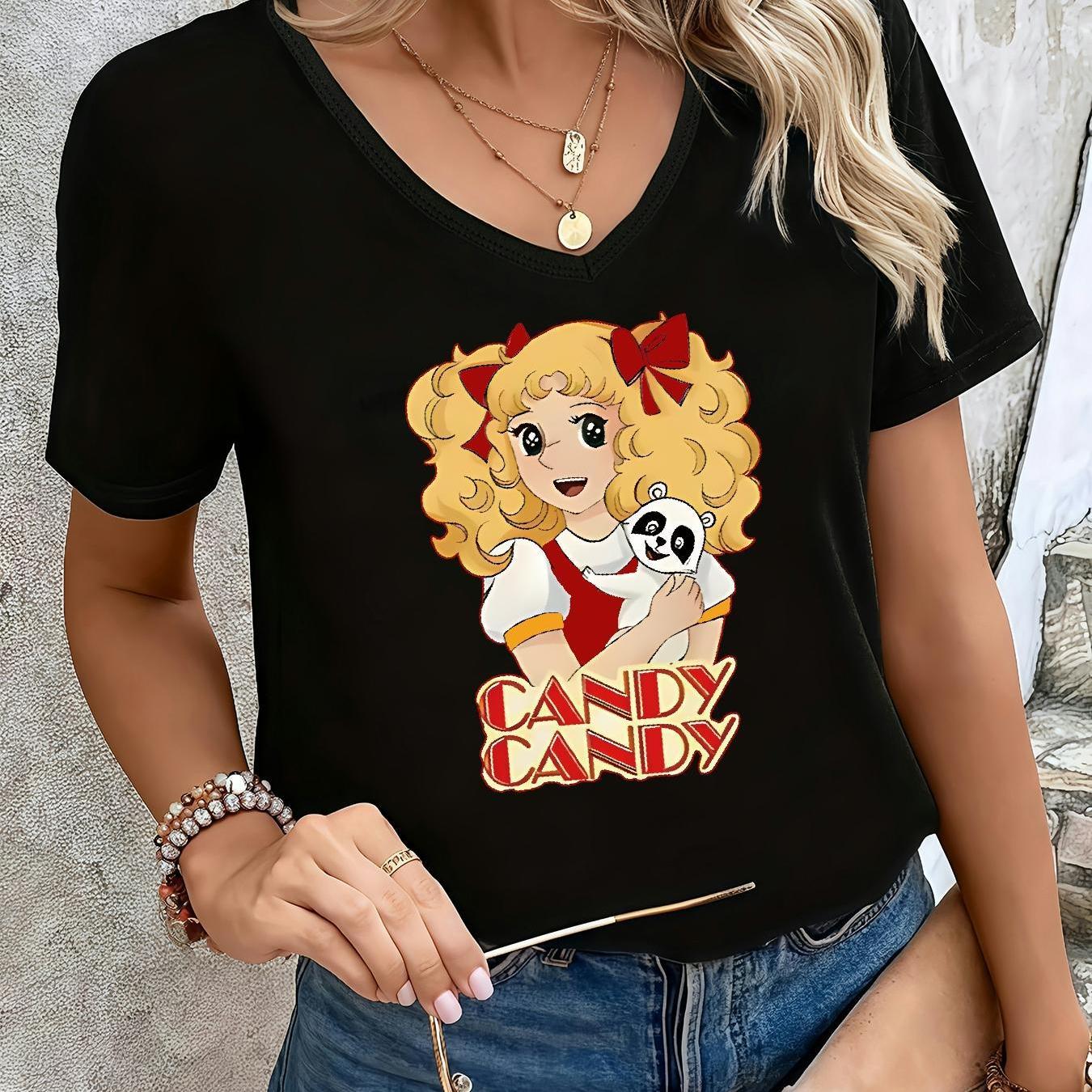 TEMU Short-sleeve V-neck Top, Fashion English Letter Print, Versatile Casual & Stylish