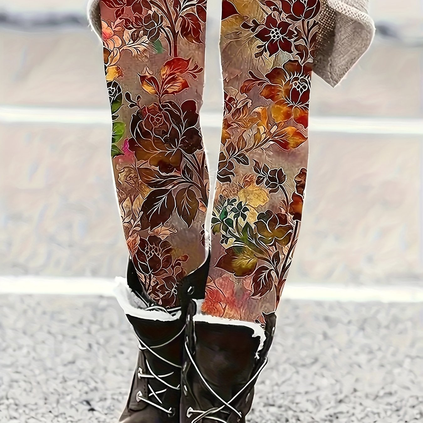 TEMU Women's Plus Size High-waisted Slim-fit Leggings - Vibrant Autumn Floral Print, Stretchy For Yoga & Casual Wear, Machine Washable Spring/fall