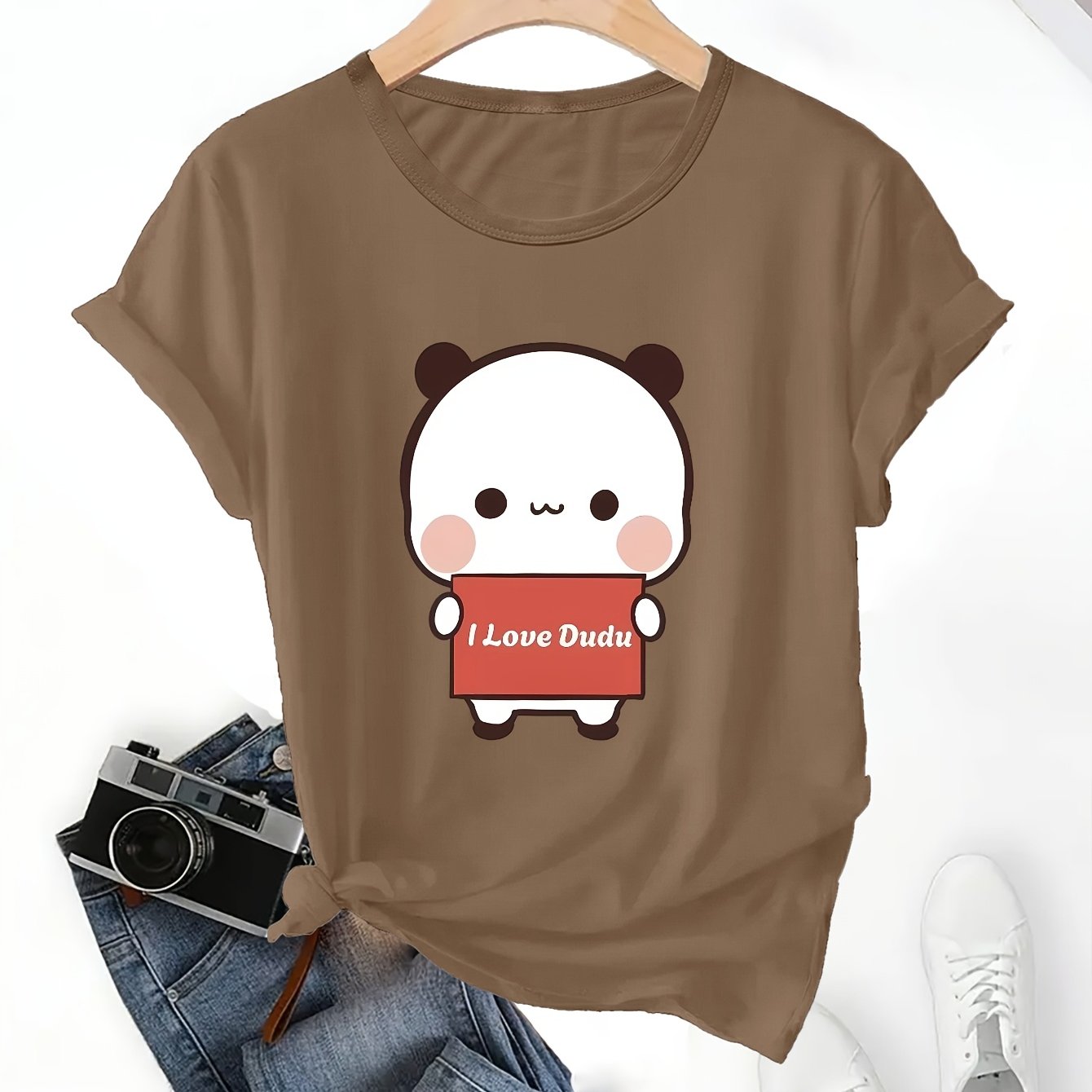 TEMU Women's Cute Panda "i Love Dudu" Signature Print T-shirt - Short Sleeve Round Neck Casual & Sporty Top With Panda Holding Slogan, Comfortable