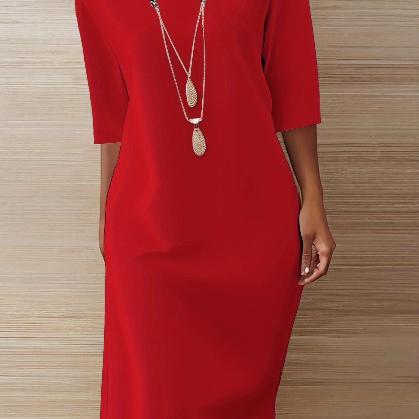 Image of A-line Dress Short Sleeve Round Neck Loose Fit Dress - Machine Washable Solid Color Casual Wedding Guest Dress For Outfits, Versatile Day To Evening Wear With Comfortable Loose Fit