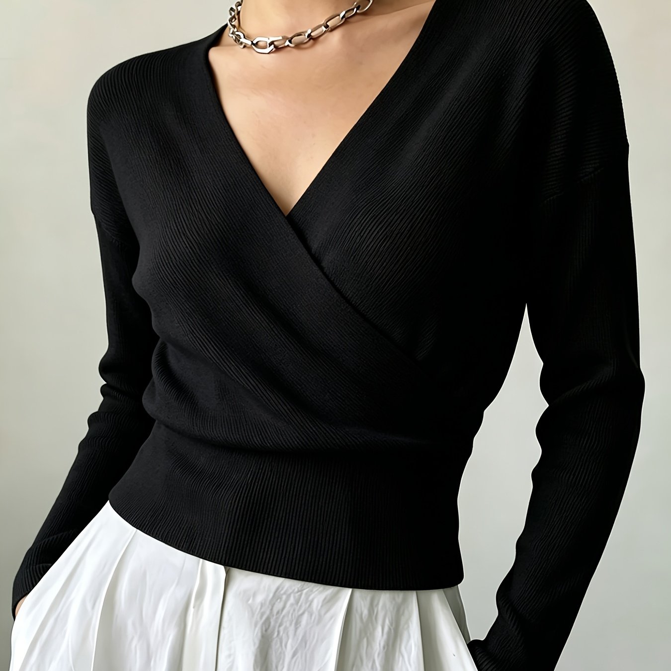 TEMU Women's New Ins Autumn Winter Cross-collar Pullover, Temperament All-match Loose Machine Washable Long Sleeve Sweater