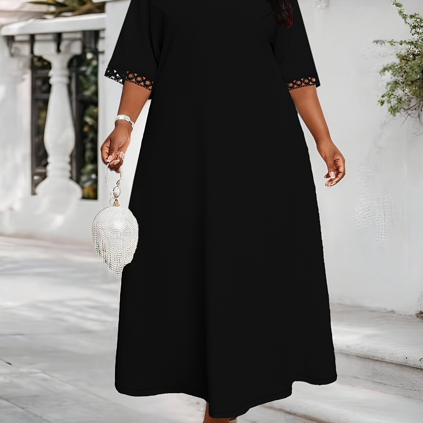 TEMU Plus Size, Women's Plus Size -neck Short Sleeve Dress With Lace Collar & Cuffs - -line Smock Bodice & Flared Dress, Machine Washable Solid Color