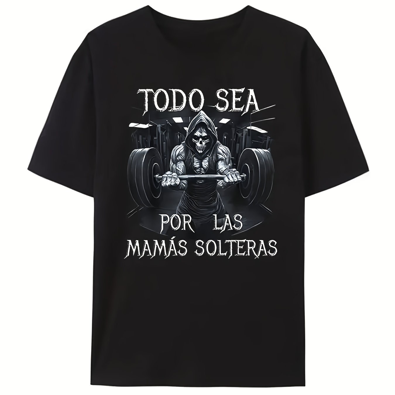 TEMU Men's Casual Cotton T-shirt With Fitness Print - Loose Fit, Short Sleeve, Round Neck - Black, Fitness Pattern, 180g