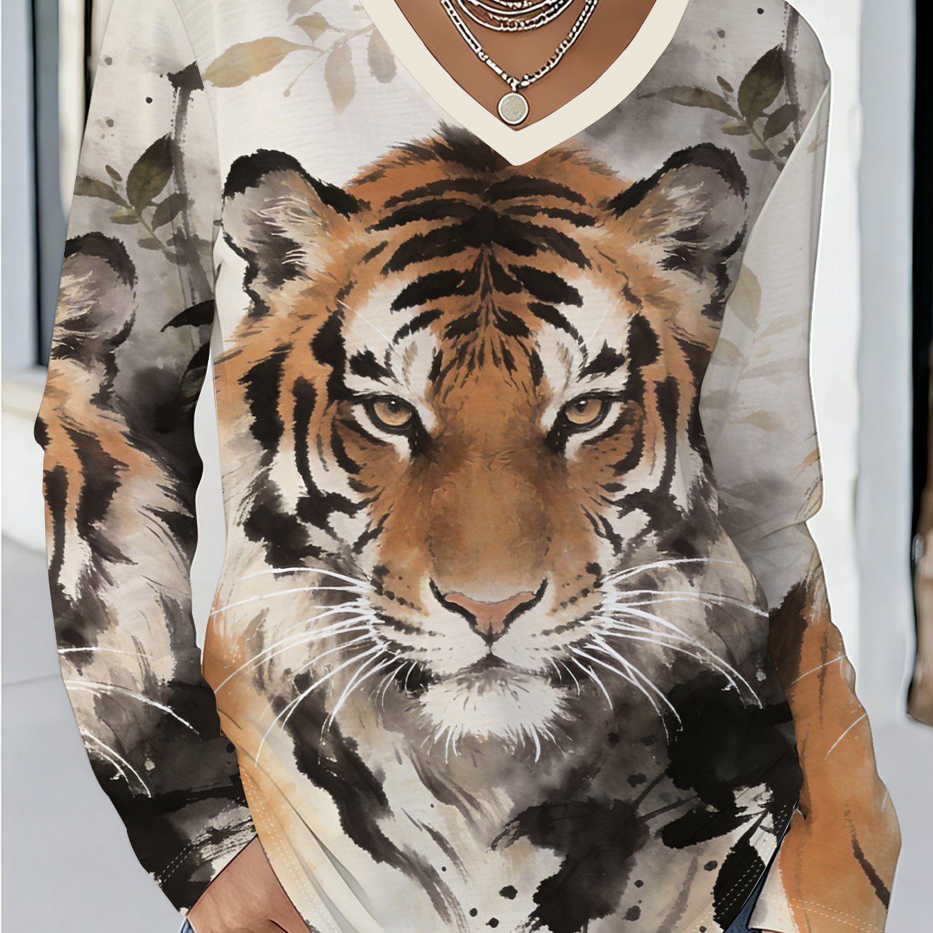 TEMU Plus Size - Plus Size - V-neck Long Sleeve T-shirt With An Ink Wash Style Featuring Branches And Leaves, Plus A Tiger Portrait Print Design.