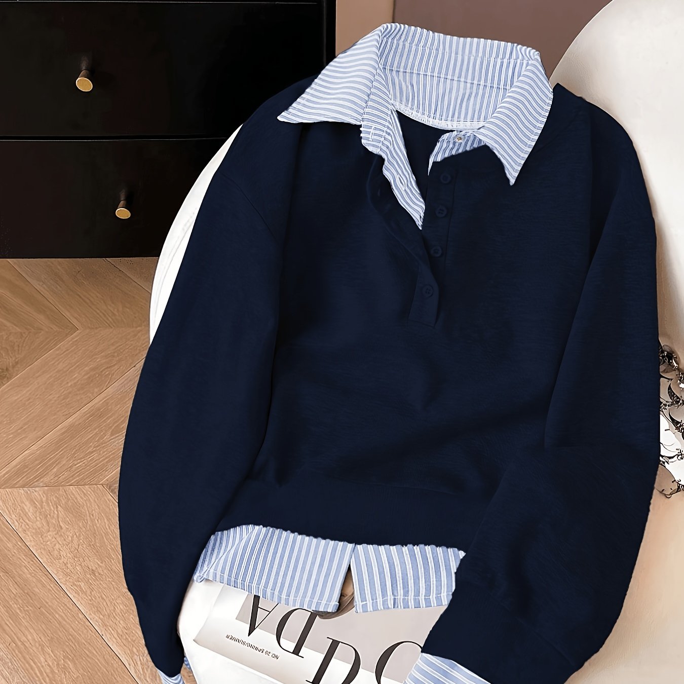 TEMU Women's Color-block Lapel Fake Two-piece Long-sleeve Casual Pullover Sweatshirt, Women's Autumn Apparel