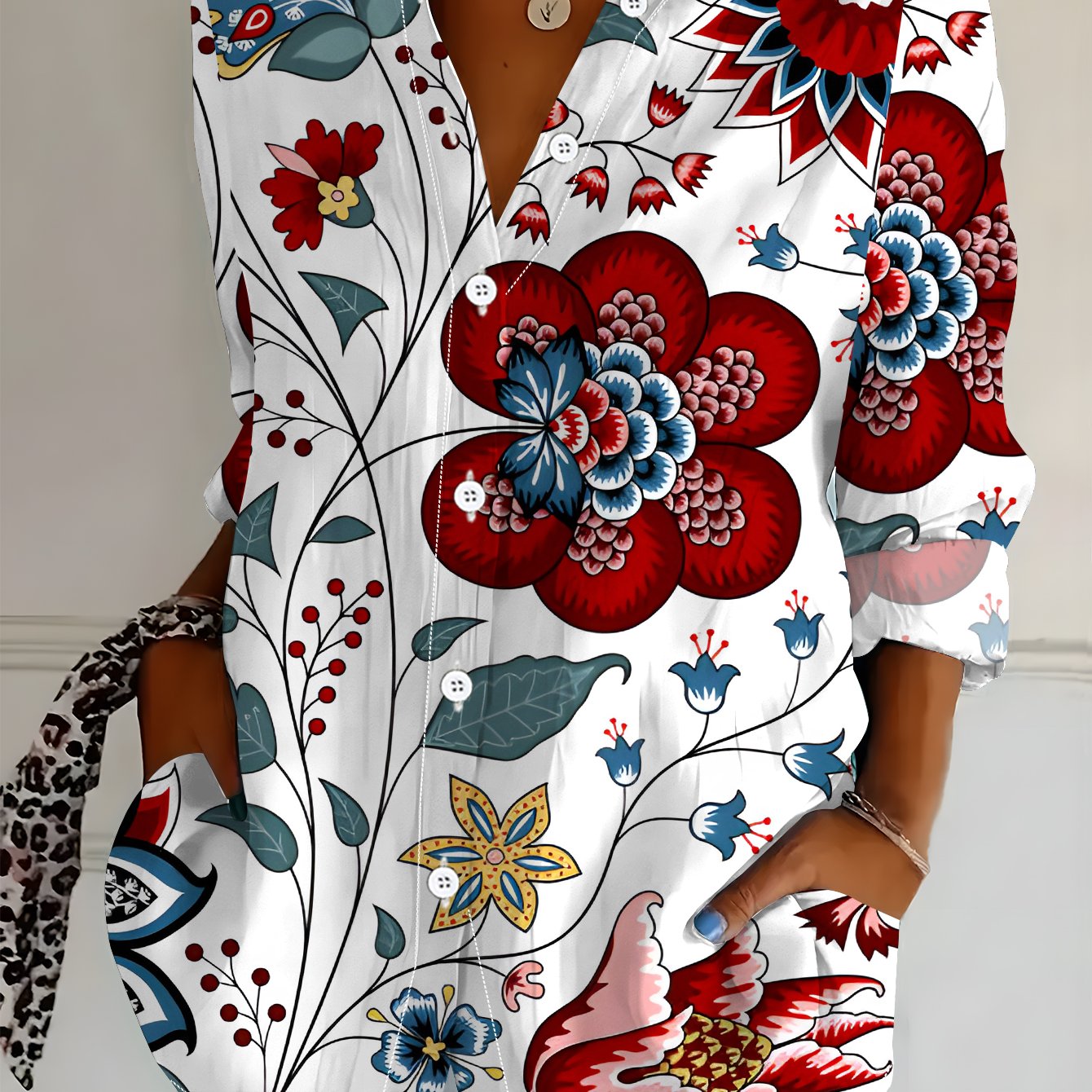 TEMU Plus Size Women's Long Sleeve Shirt, Retro Style Printed Shirt, Floral Pattern Mid-length Women's Shirt, Printed Casual Shirt, Soft And