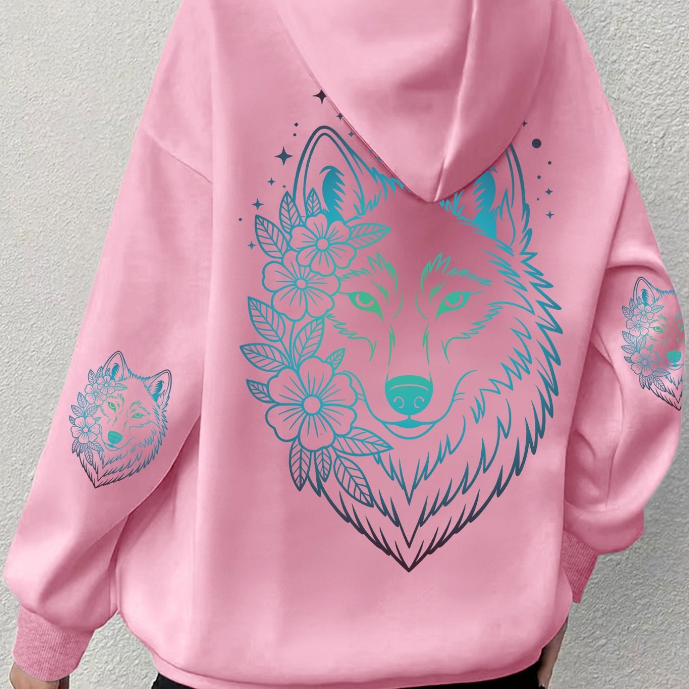 TEMU Wolf Head Floral Back Print, Women's Hooded Sweatshirt, Vintage Fashion, Recommended For Daily Wear, Holiday, Date Scenes, Home, With Women's