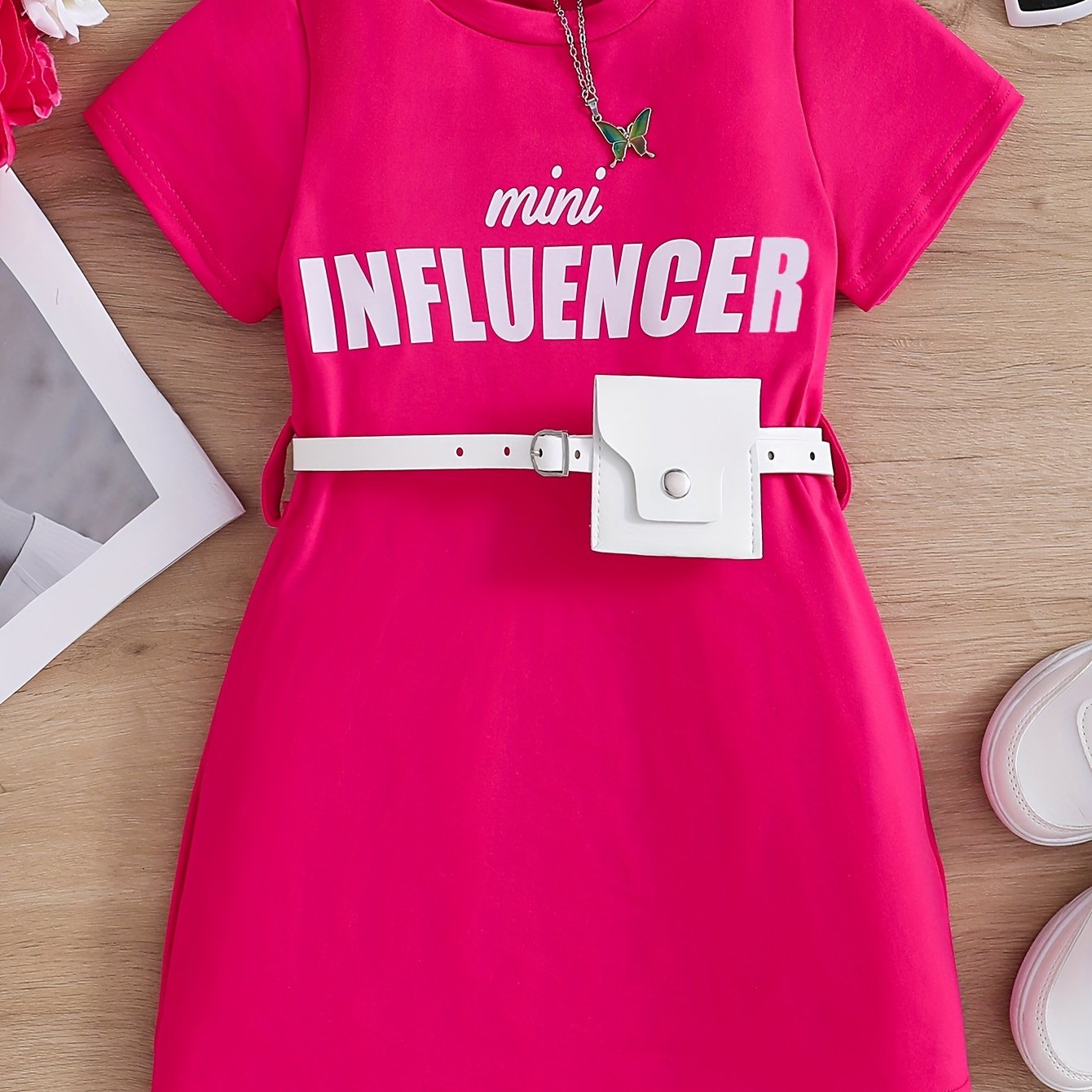 ' Letter Print T-shirt Dress With Belt & Waist Bag - Casual Summer Outfit, Machine Washable