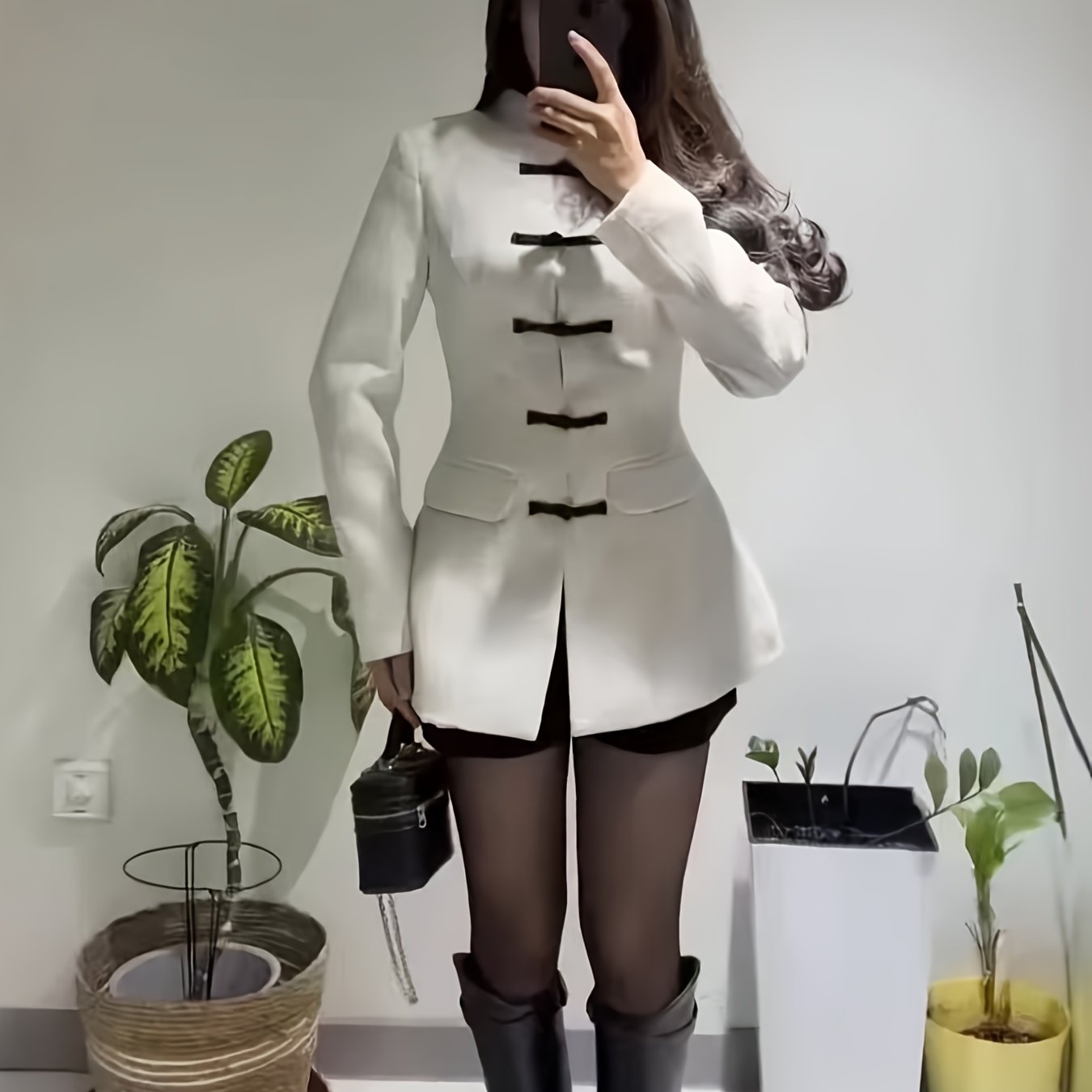 Image of Fashionable Women's Clothing - New Chinese Style Simple Stand Collar Traditional Chinese Style Waist Slim Fit Straight Shoulders Long Sleeve Faux Pocket Suit Jacket