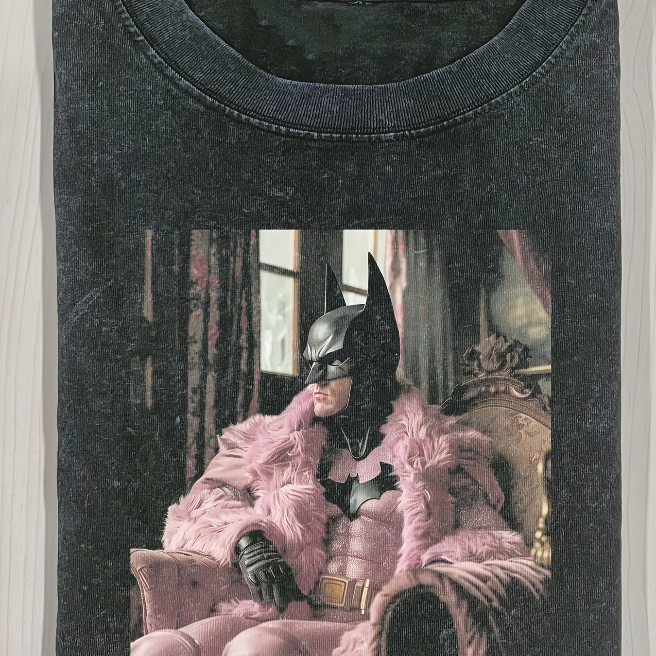 TEMU Batman In Pink Faux Fur Coat Meme Washed Men's T-shirt, 230g Pure Cotton, Men's Summer Clothing, Vintage Distressed Style, Men's Gift, Casual