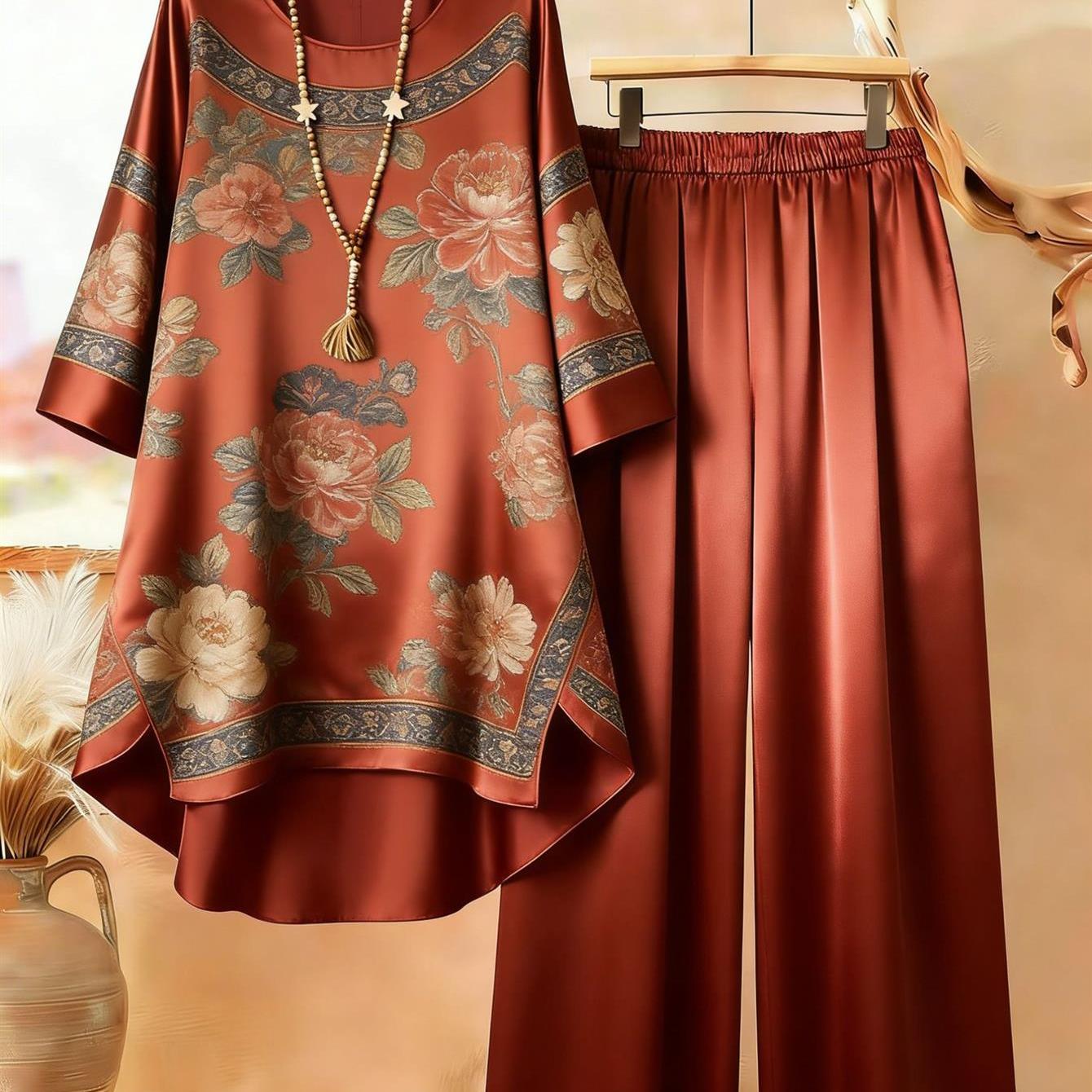 Image of Plus Size, Plus Size - Plus Size - Plus Size Women 2pcs Outfit Vintage Oriental Peony Floral Border Print Loose Irregular Tunic Top Elastic Waist Flowy Wide Leg Pants Elegant Casual Matching Set