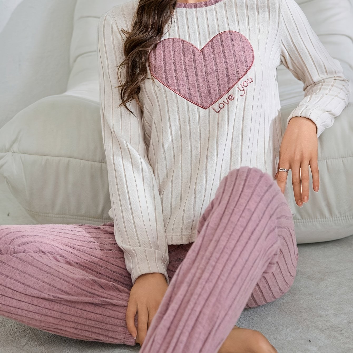 TEMU 2pcs Soft Flannel Sweet Heart-embroidered Pajama Set, Autumn/winter