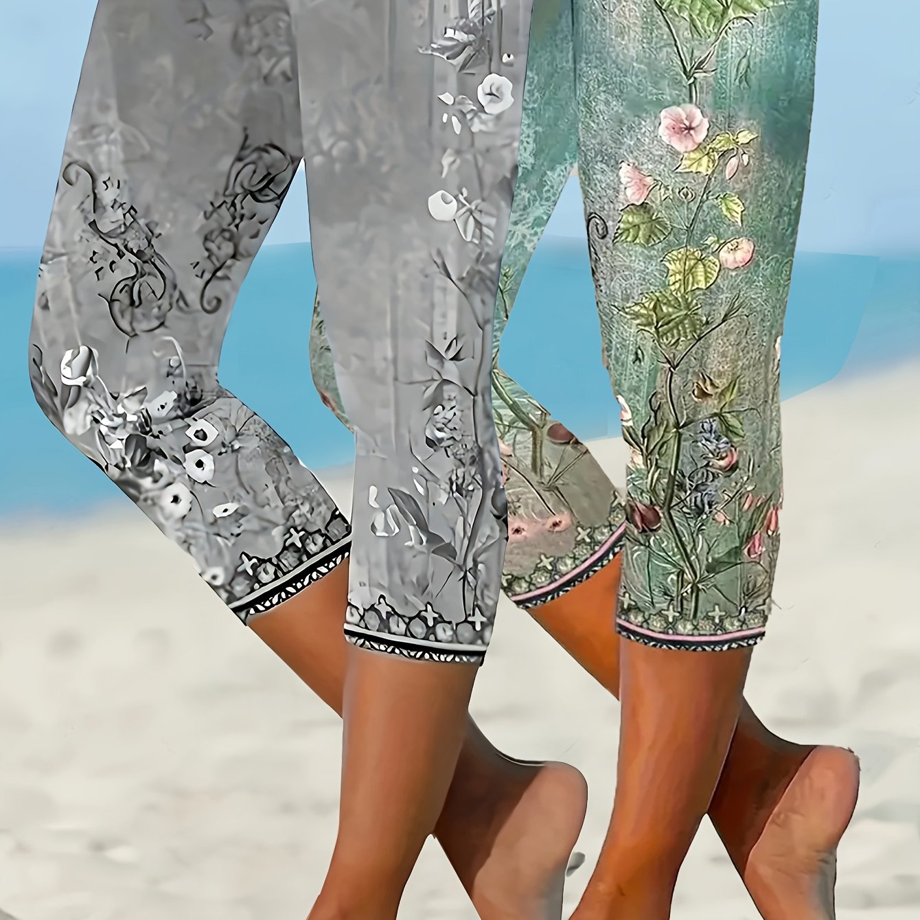TEMU 2pcs Women's Floral Print Stretch Capri Leggings - , Soft Polyester Blend, Mid-calf Length, Elegant For Spring/summer/fall, Floral Print Pants