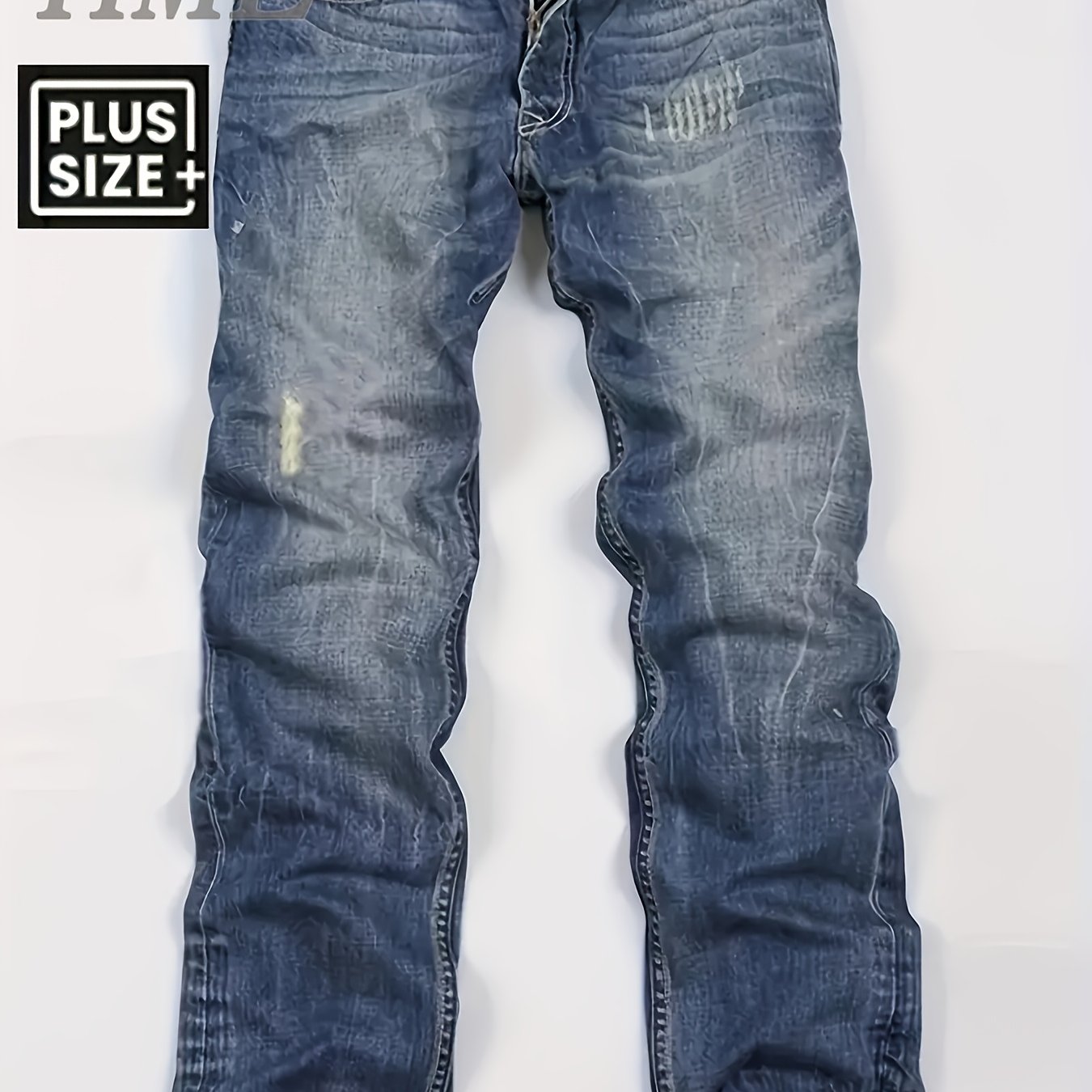 Image of Hme-extra Large Men's Casual Trendy Denim Pants, Vintage Washed Lightning Pattern, Men's Stretchy Slim Straight Pants, Street Hip-hop Y2k Style, Suitable For , Plus-size Jeans, Plus Size