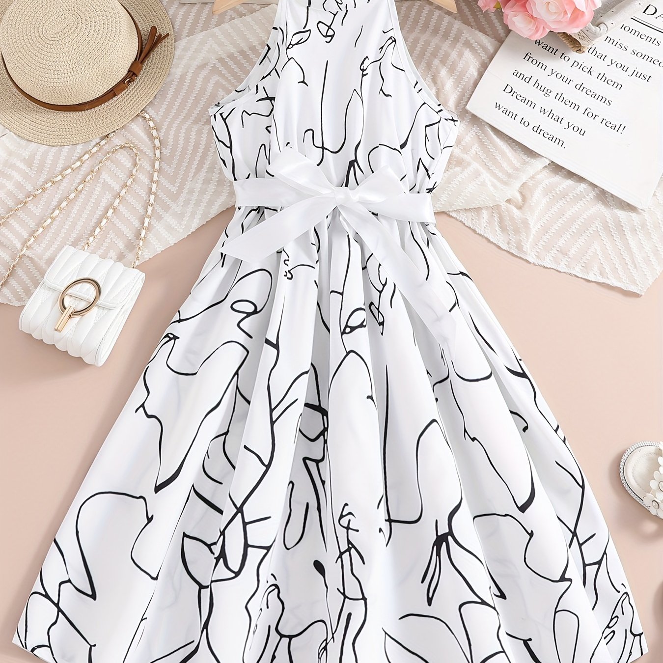 Girls' Summer Vest Dress With Belt, Sleeveless Skirt