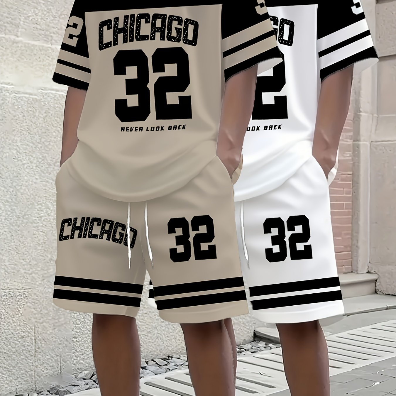 4pcs Men's Casual Set, Round Neck Short Sleeve T-shirt And Drawstring Elastic Waist Shorts, "32" Number, Chicago , Breathable Regular Fit For Casual And Formal Wear - , Gift For Teens And Adults