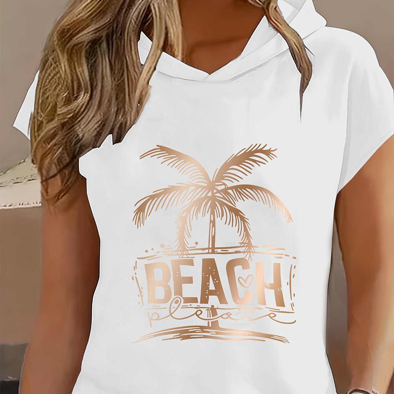 E-shop 1 Stück Design Palmenbaum Buchstaben-Druck Y2K-Stil Damen Sportbekleidung Kapuzen-Lockerer Schnitt Weicher Bequemer Top Eleganter Mode-T-Shirt