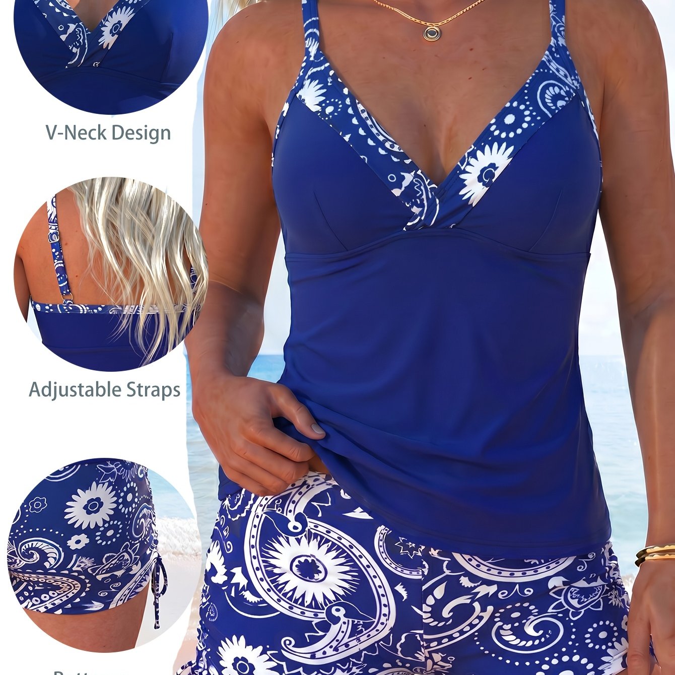 Pistachio Flower Split Square V-Neck Twist Tankini Style Swimwear