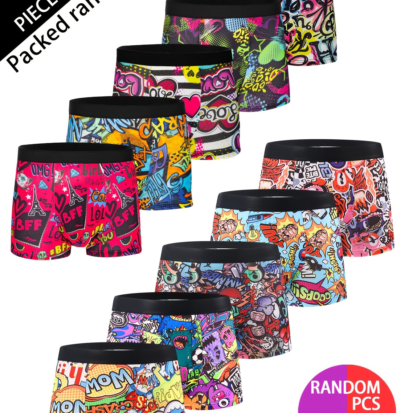 TEMU Random Random 5/10 Pcs Fashion Printed Men&;s Boxer Briefs, Mixed Color Graffiti Pattern Soft Comfortable Stretch Thin Quadrilateral Underwear