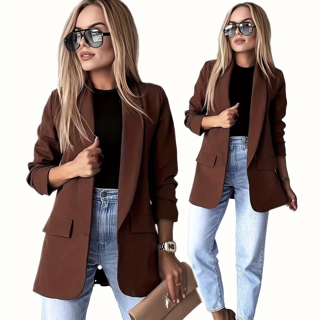Elegant Women's Jacket Without Buttons, Long Sleeve, Decorative Bag-capped Cardigan Suit, Fashionable And Stylish