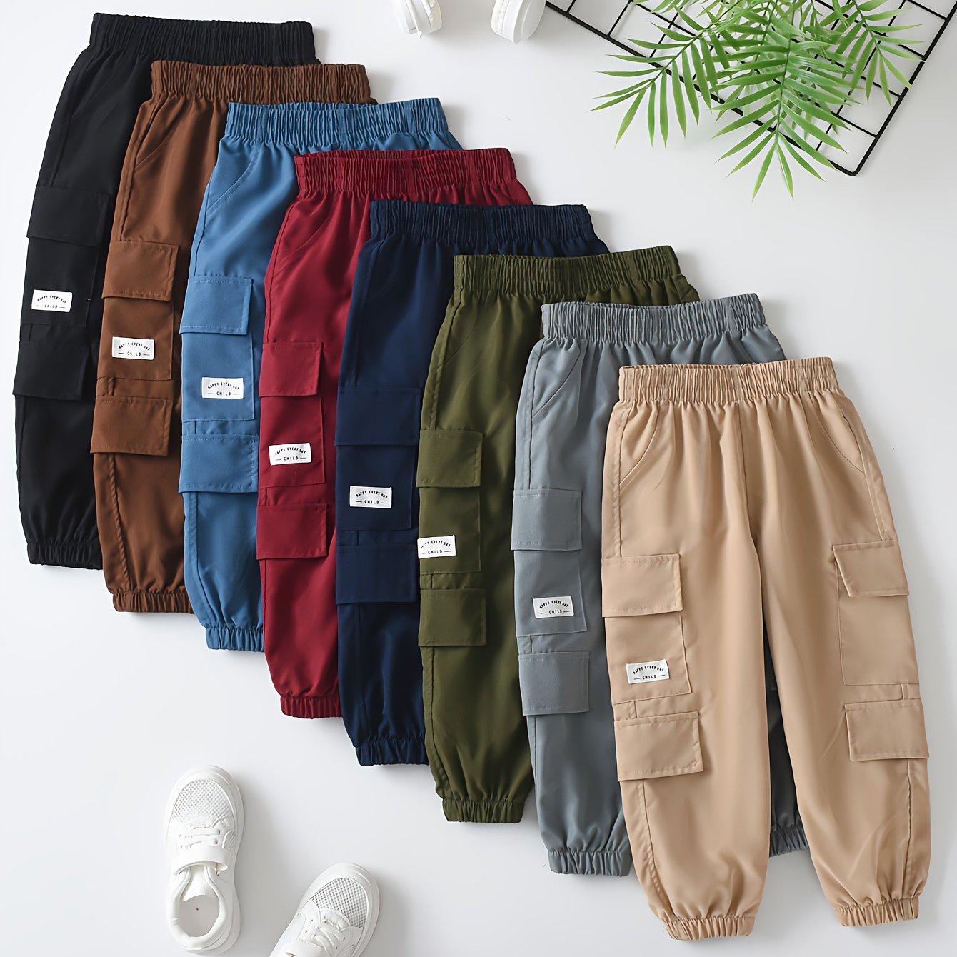 Image of Random 4pcs Boys' Cargo Pants, Spring/summer/autumn Streetwear Brand Casual Versatile Multi-pocket Jogger Pants For Toddlers And Young Children, Outdoor Daily Wear Trousers, Perfect For Outdoor
