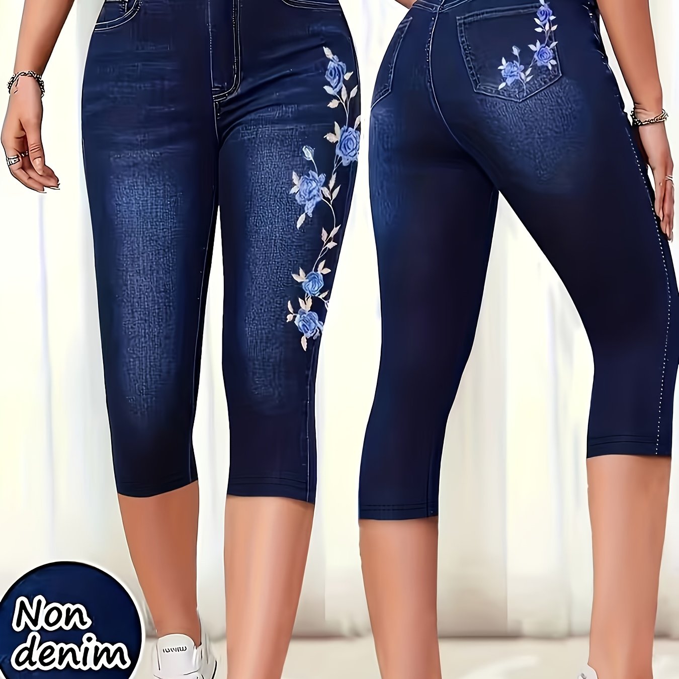 TEMU Plus Size - Plus Size - Ladies Plus Size High Elasticity Printed Capri Pants, Fitted And Non-transparent Design, Elastic Waistband, Machine