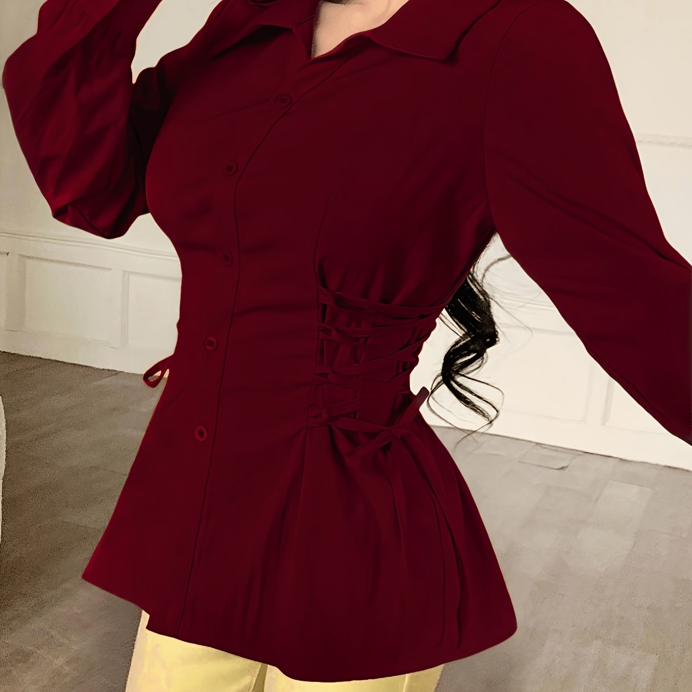 TEMU Women' Color Long Sleeved Single Breasted Lace Up Belt Fashionable Women's Shirt